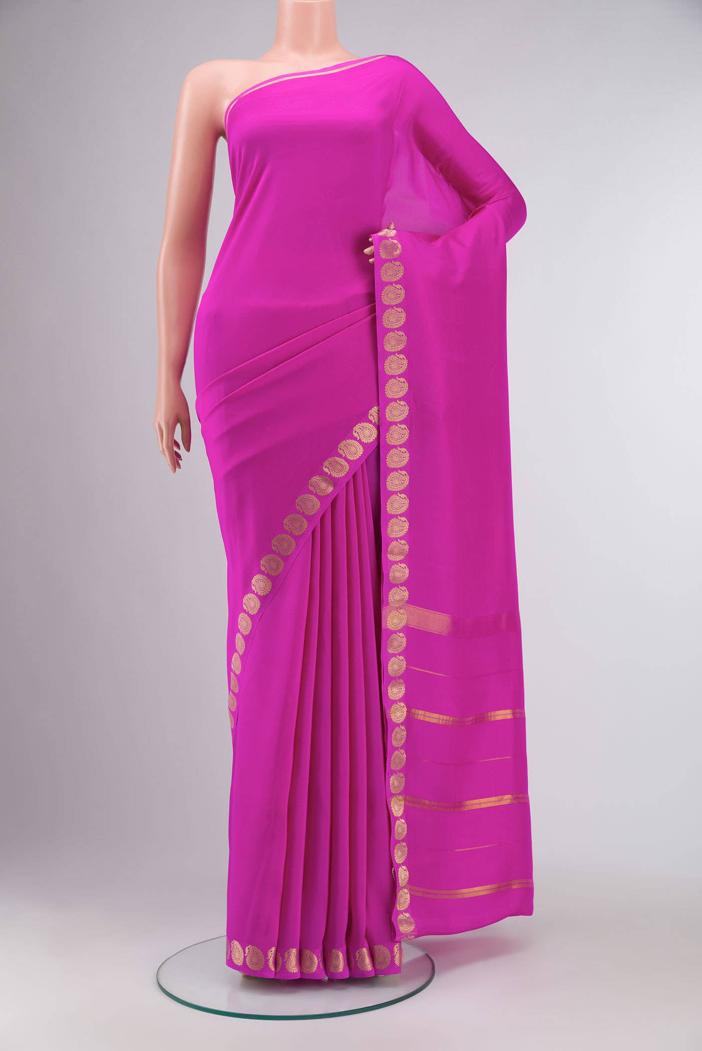 Pure Silk Pure Zari Pink Mysore Crepe Saree