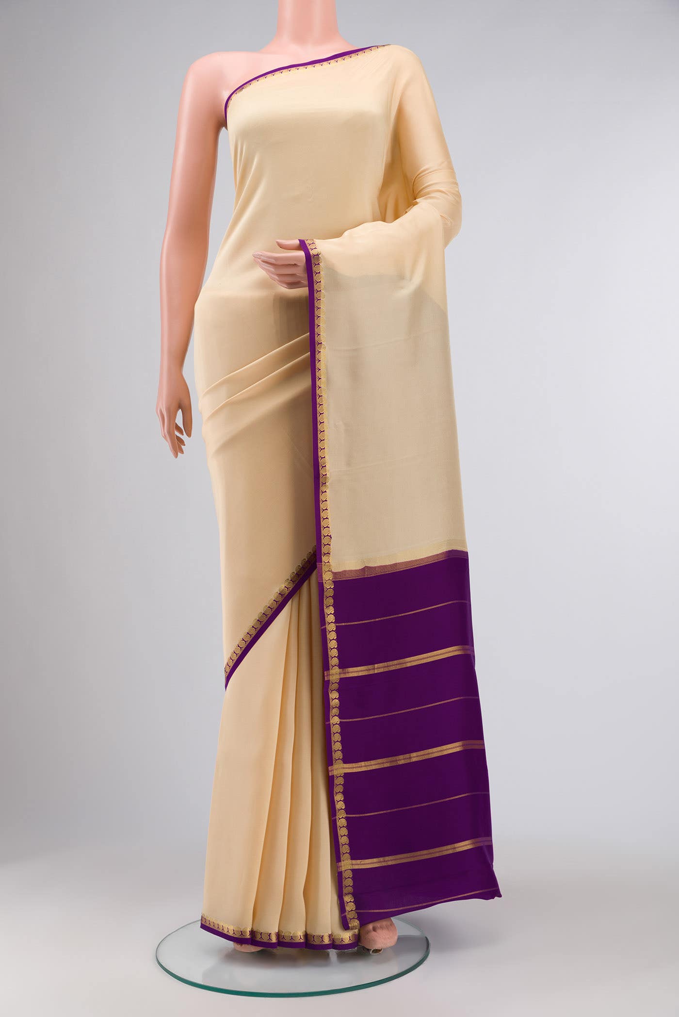 Pure Silk Pure Zari Cream Mysore Crepe Saree