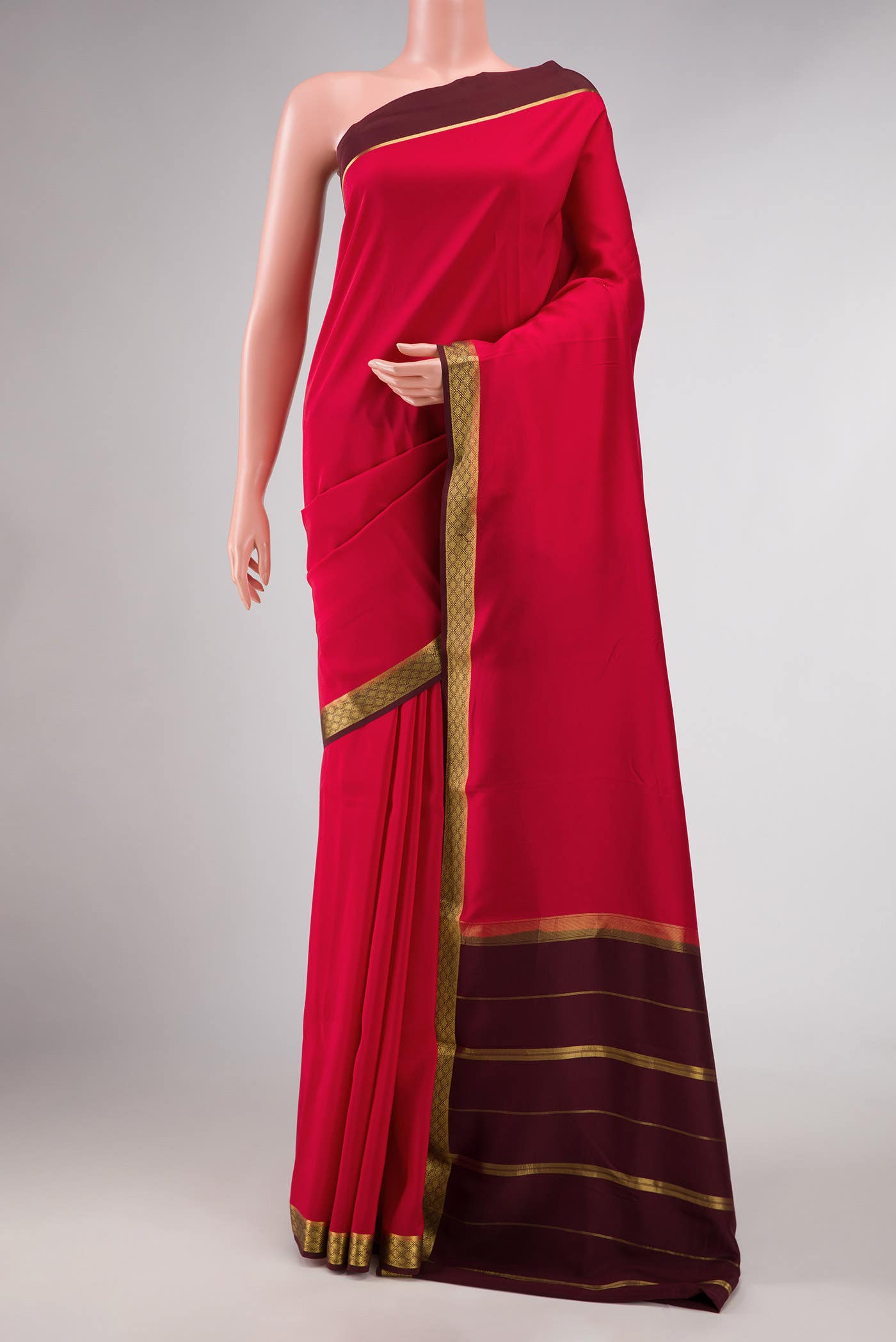 Pure Silk Pure Zari Red Dual Tone Mysore Crepe Saree