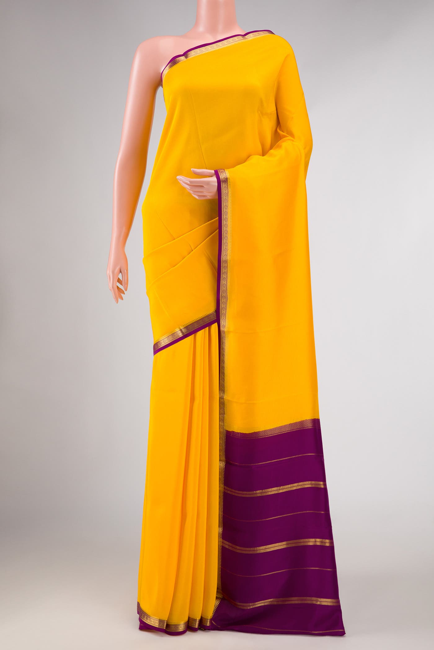 Pure Silk Pure Zari Yellow Dual Tone Mysore Crepe Saree