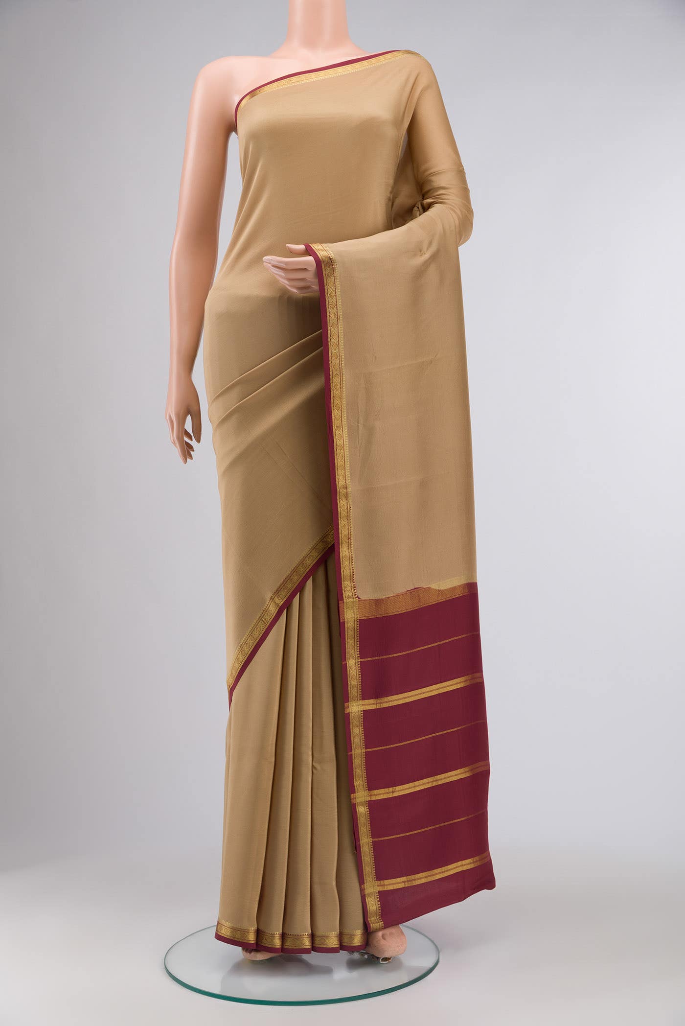 Pure Silk Pure Zari Beige Mysore Crepe Saree