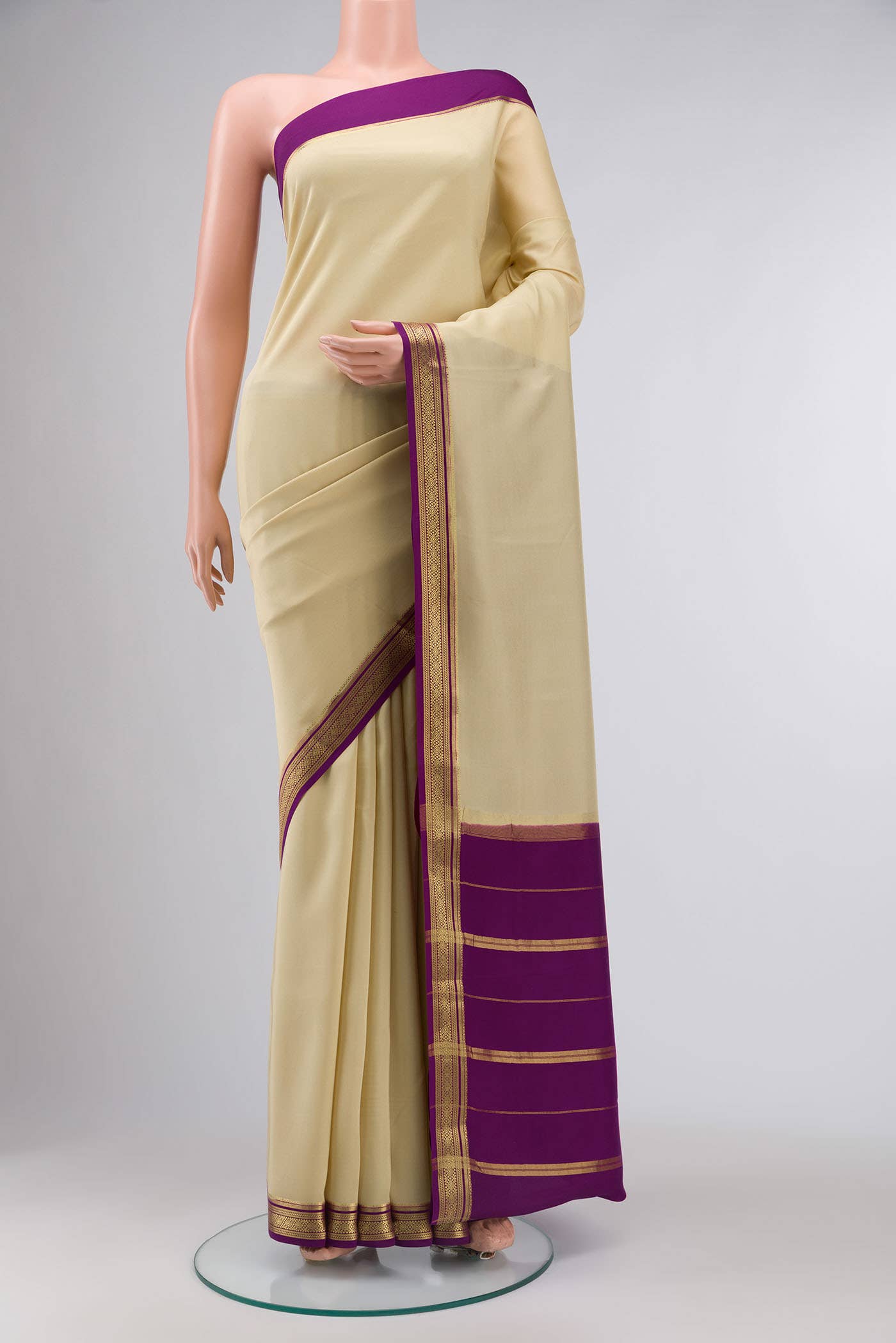 Pure Silk Pure Zari Cream Mysore Crepe Saree