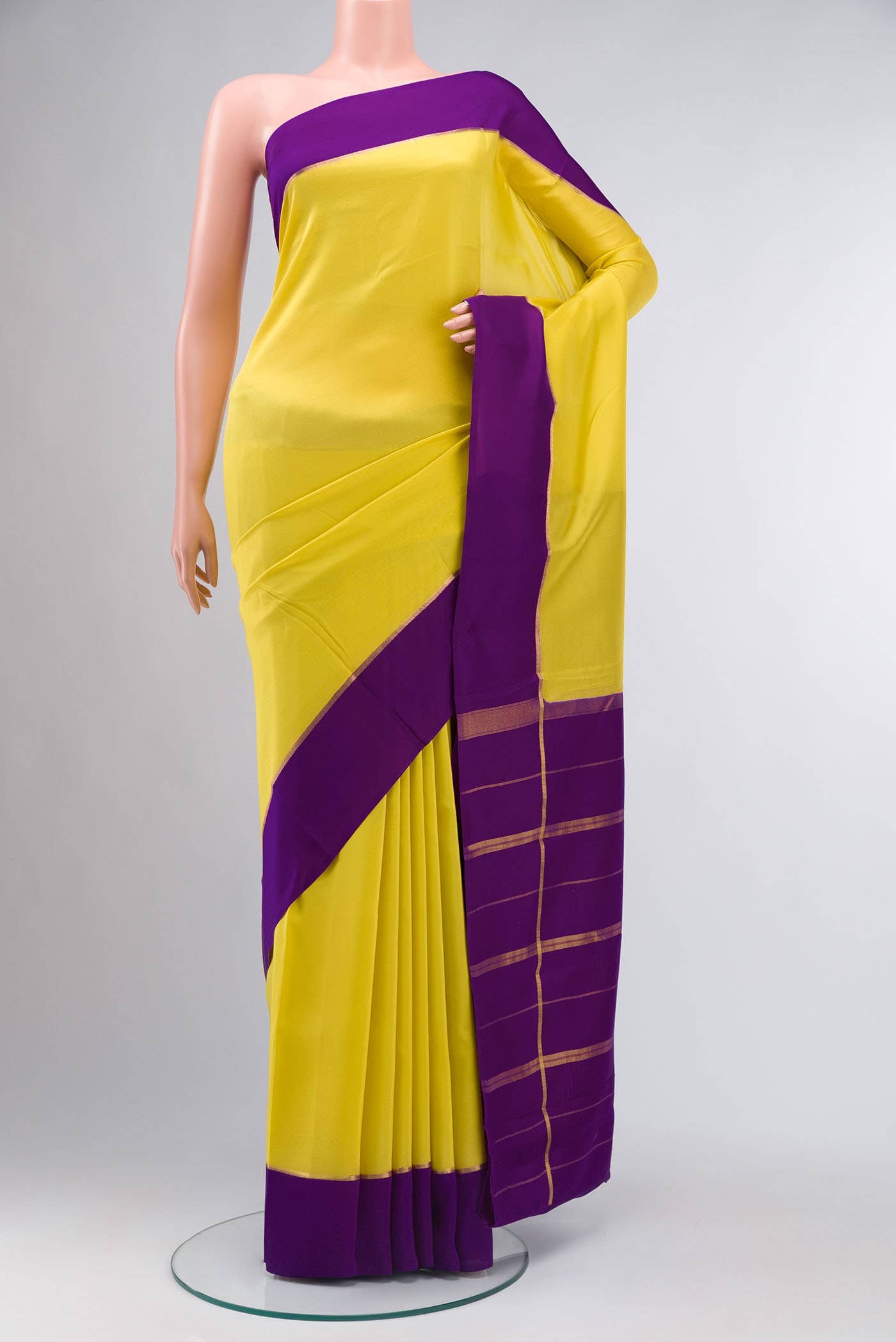 Pure Silk Pure Zari Yellow Mysore Crepe Saree