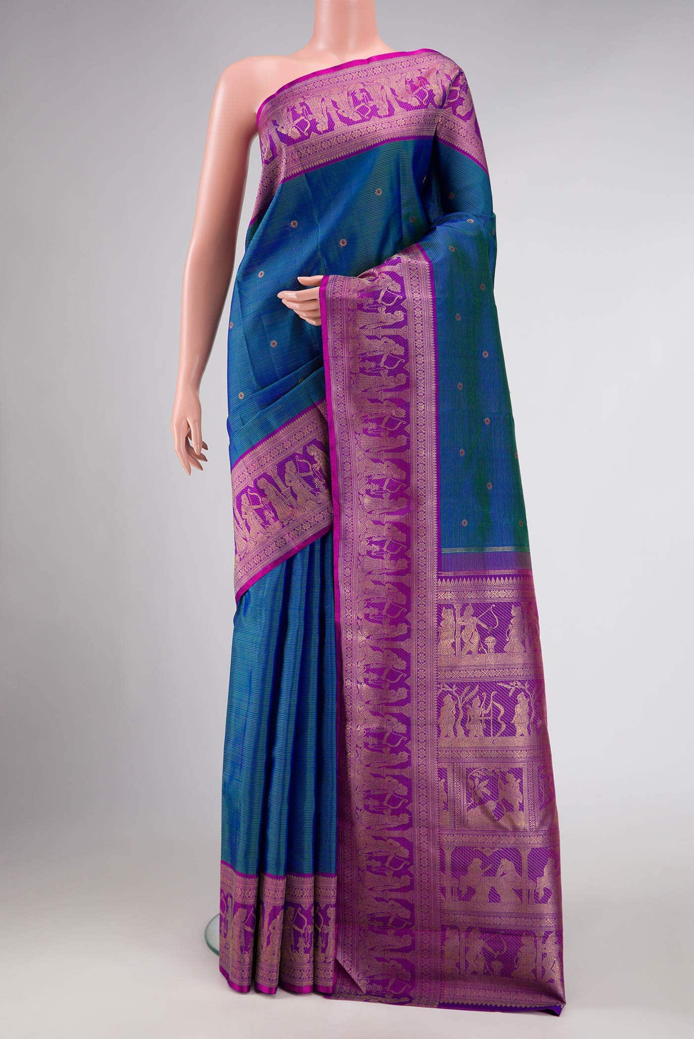 Pure Silk Pure Zari Peacock Blue Dual Tone Kanchipuram Saree