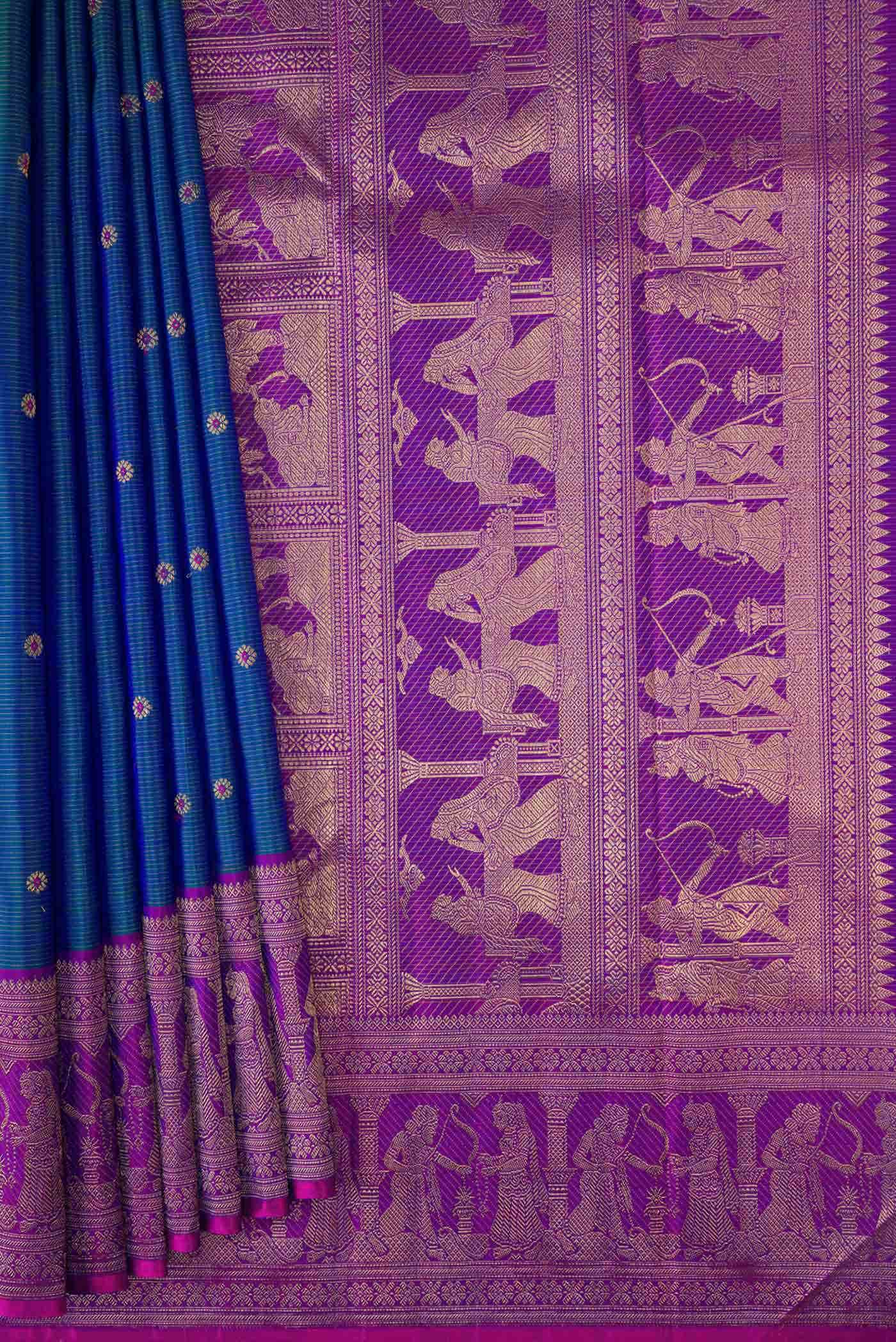 Pure Silk Pure Zari Peacock Blue Dual Tone Kanchipuram Saree