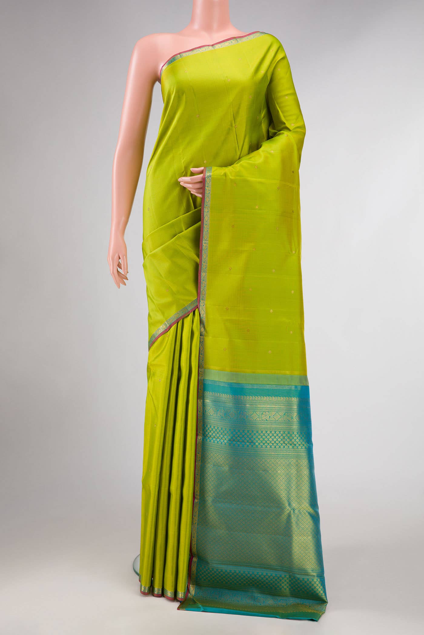 Pure Silk Pure Zari Parrot Green Dual Tone Kanchipuram Saree