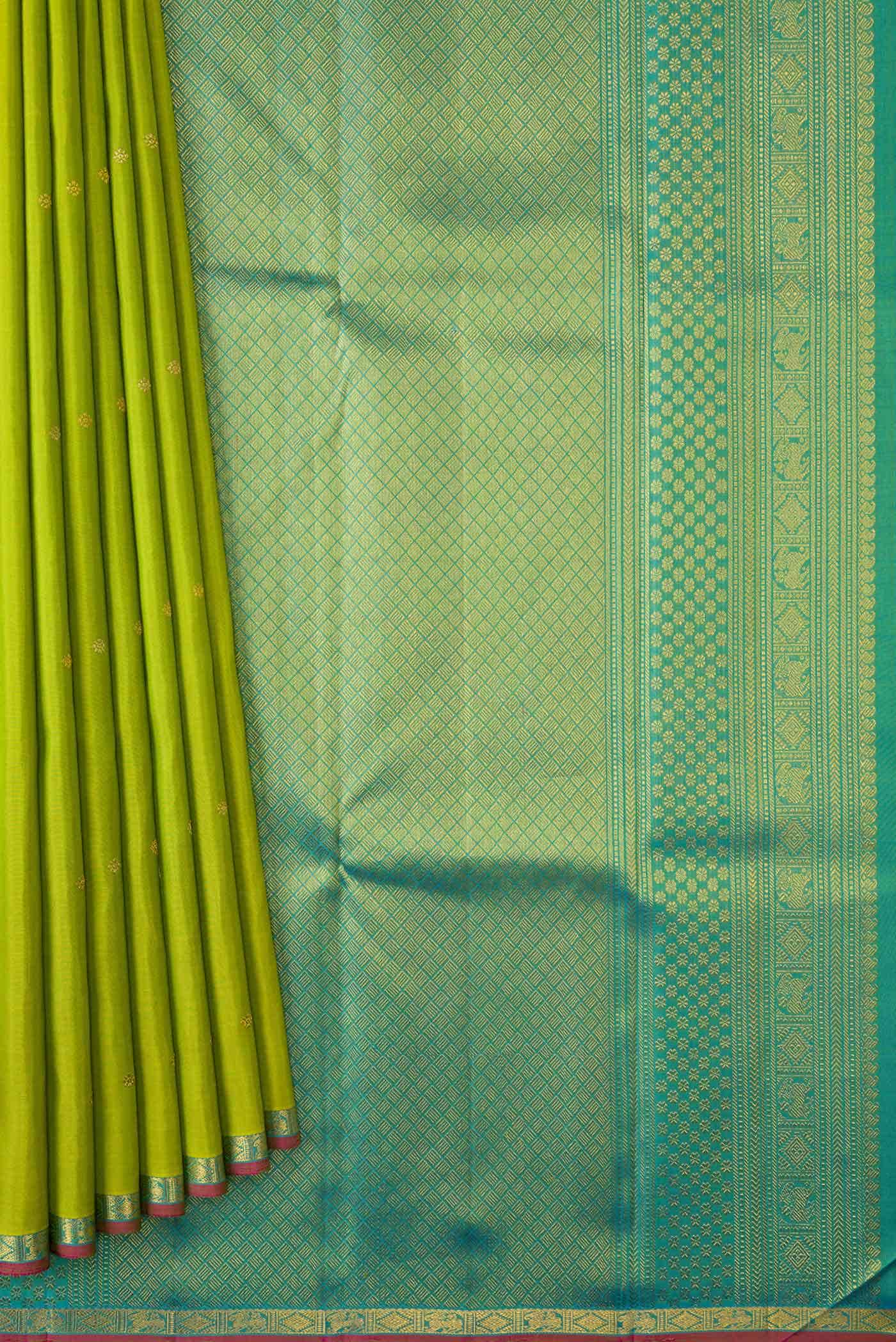 Pure Silk Pure Zari Parrot Green Dual Tone Kanchipuram Saree