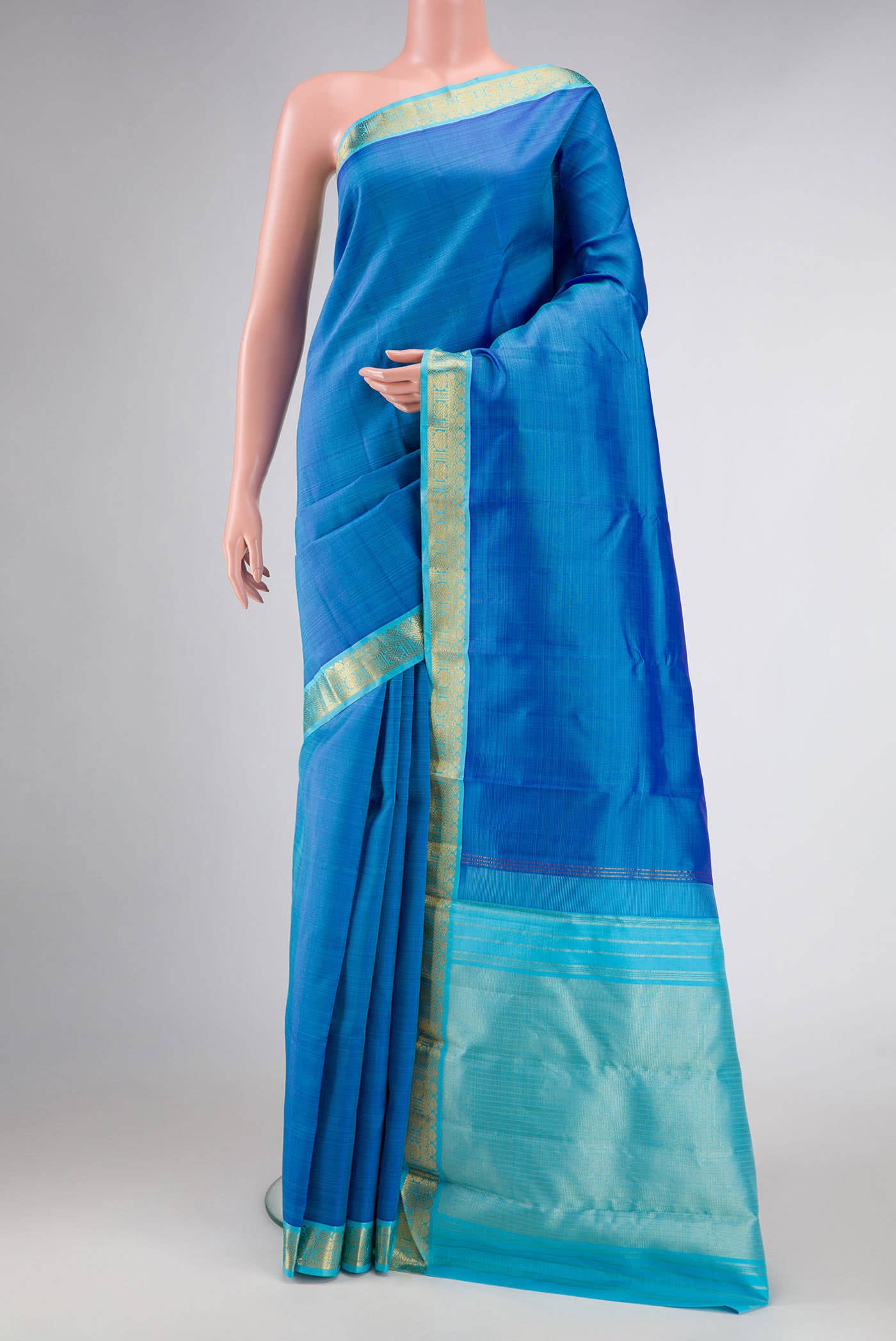 Pure Silk Pure Zari Peacock Blue Dual Tone Kanchipuram Saree