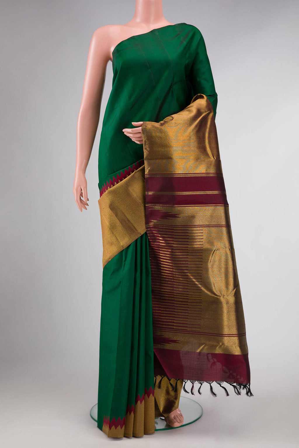 Pure Silk Pure Zari Bottle Green Dual Tone Kanchipuram Saree