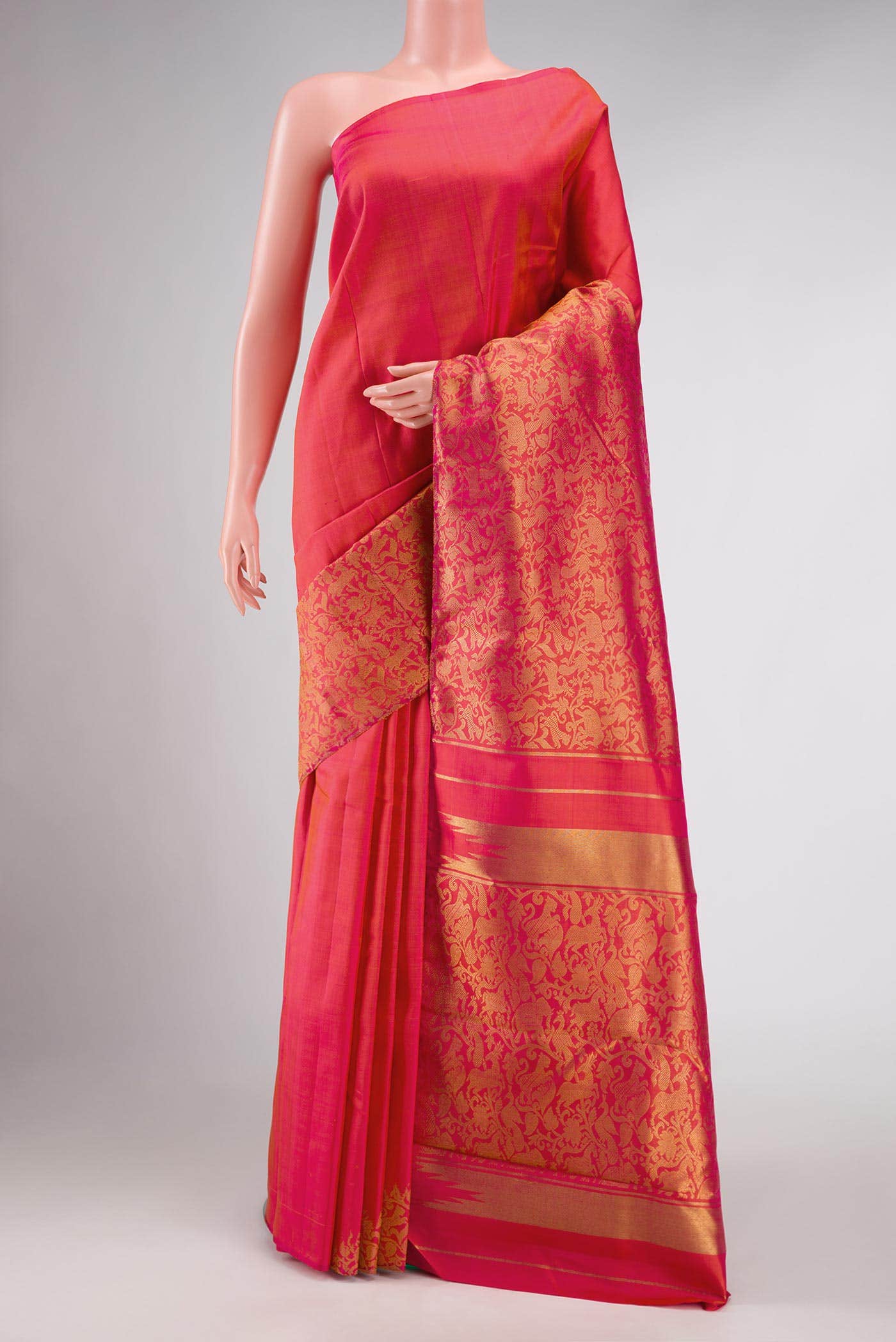 Pure Silk Pure Zari Coral Dual Tone Kanchipuram Saree