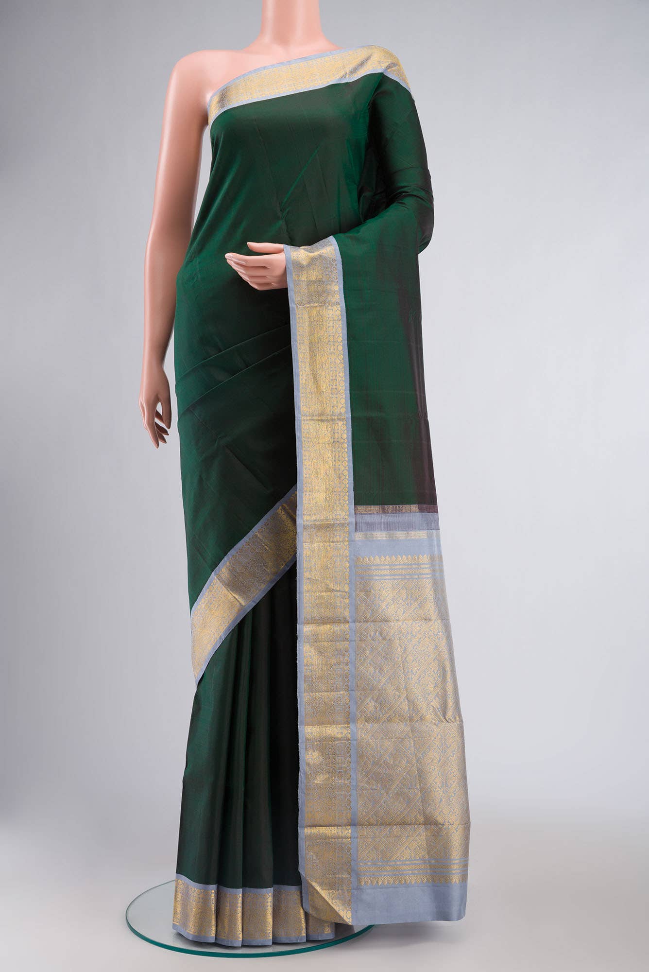 Pure Silk Pure Zari Bottle Green Kanchipuram Saree