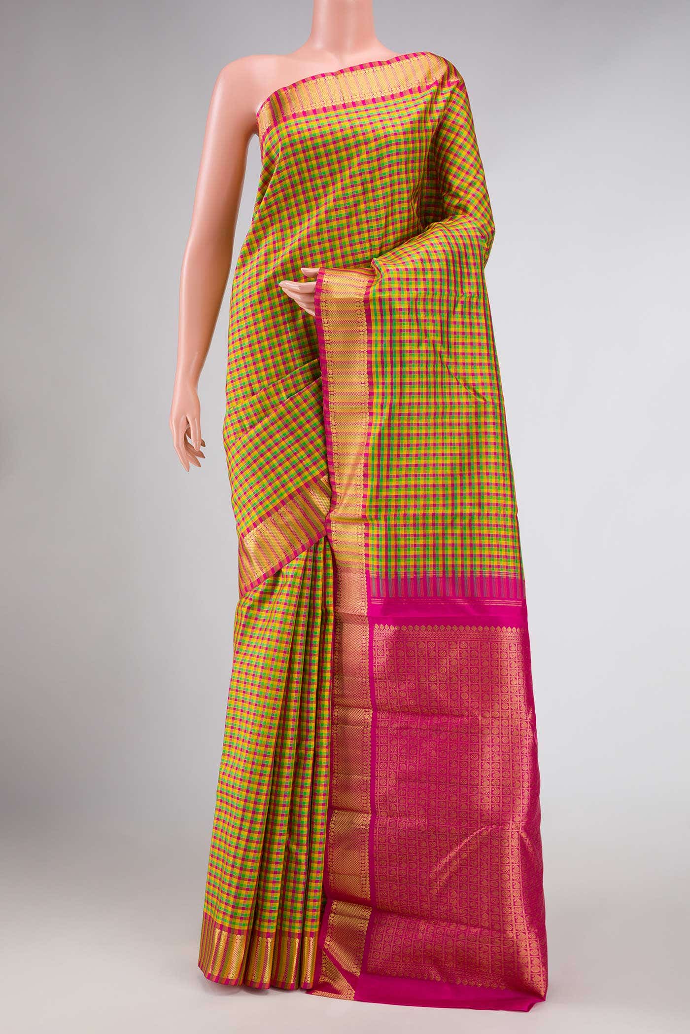 Pure Silk Pure Zari Green  Yellow and Pink Dual Tone Kanchipuram Saree