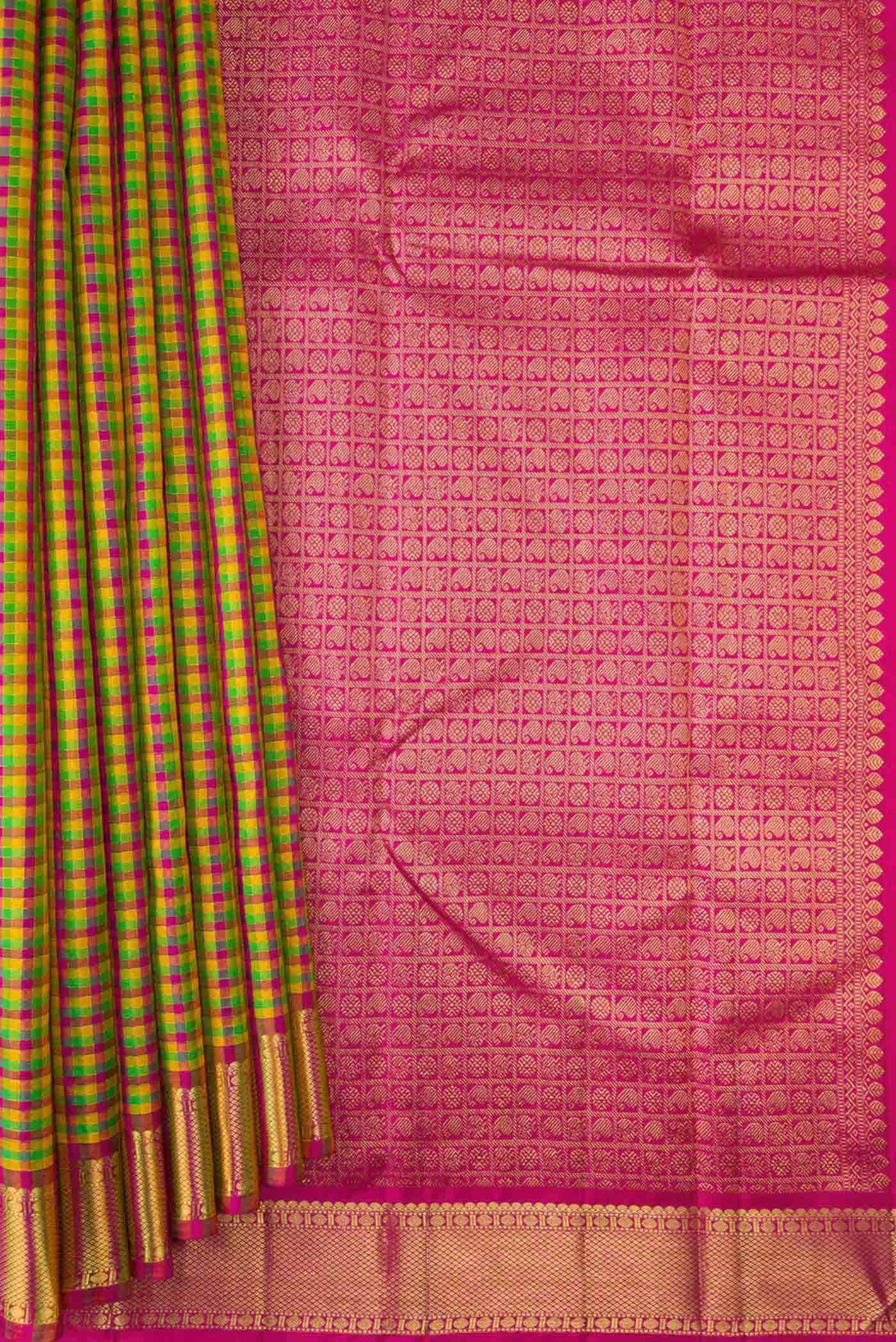 Pure Silk Pure Zari Green  Yellow and Pink Dual Tone Kanchipuram Saree