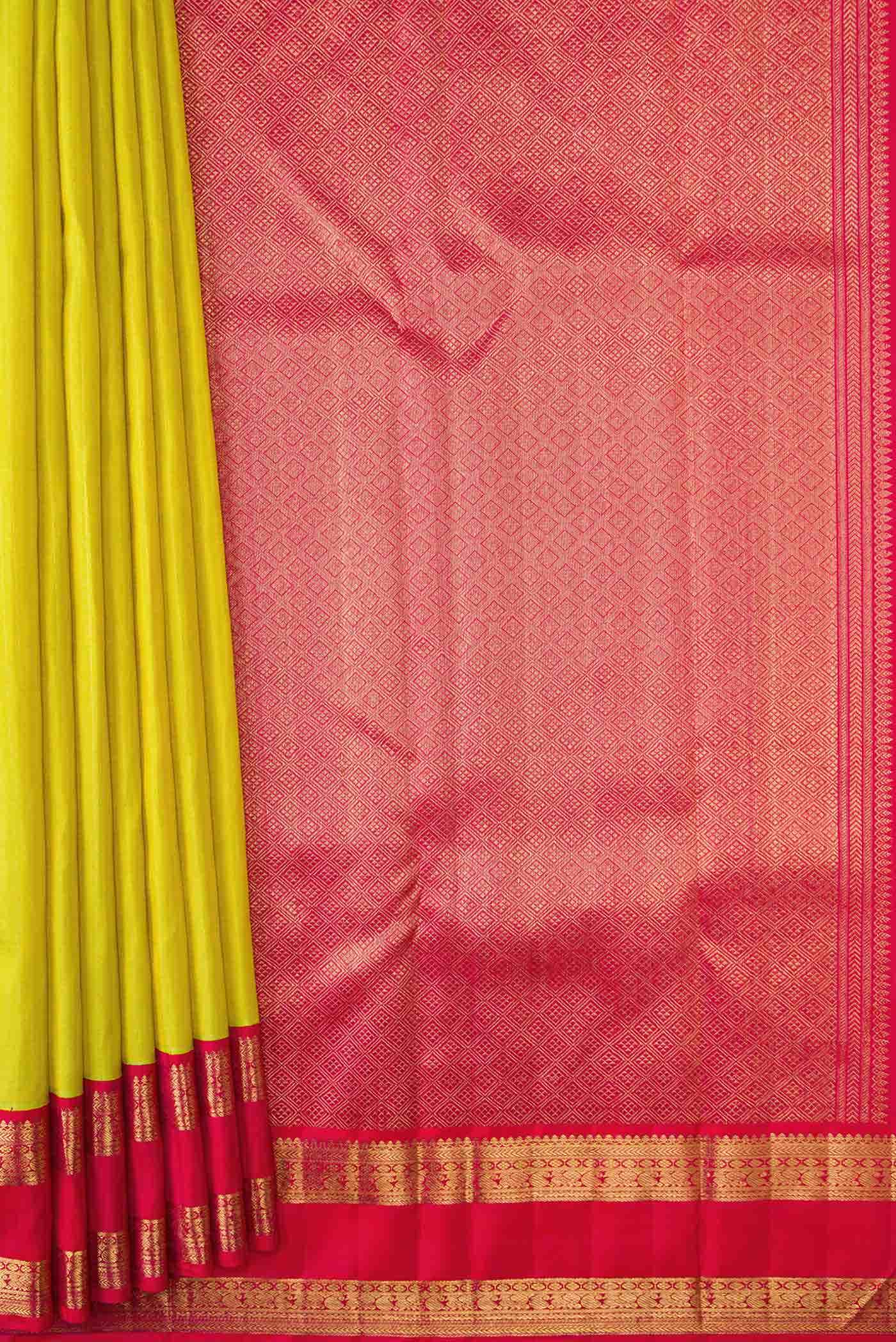 Pure Silk Pure Zari Lemon Yellow Dual Tone Kanchipuram Saree