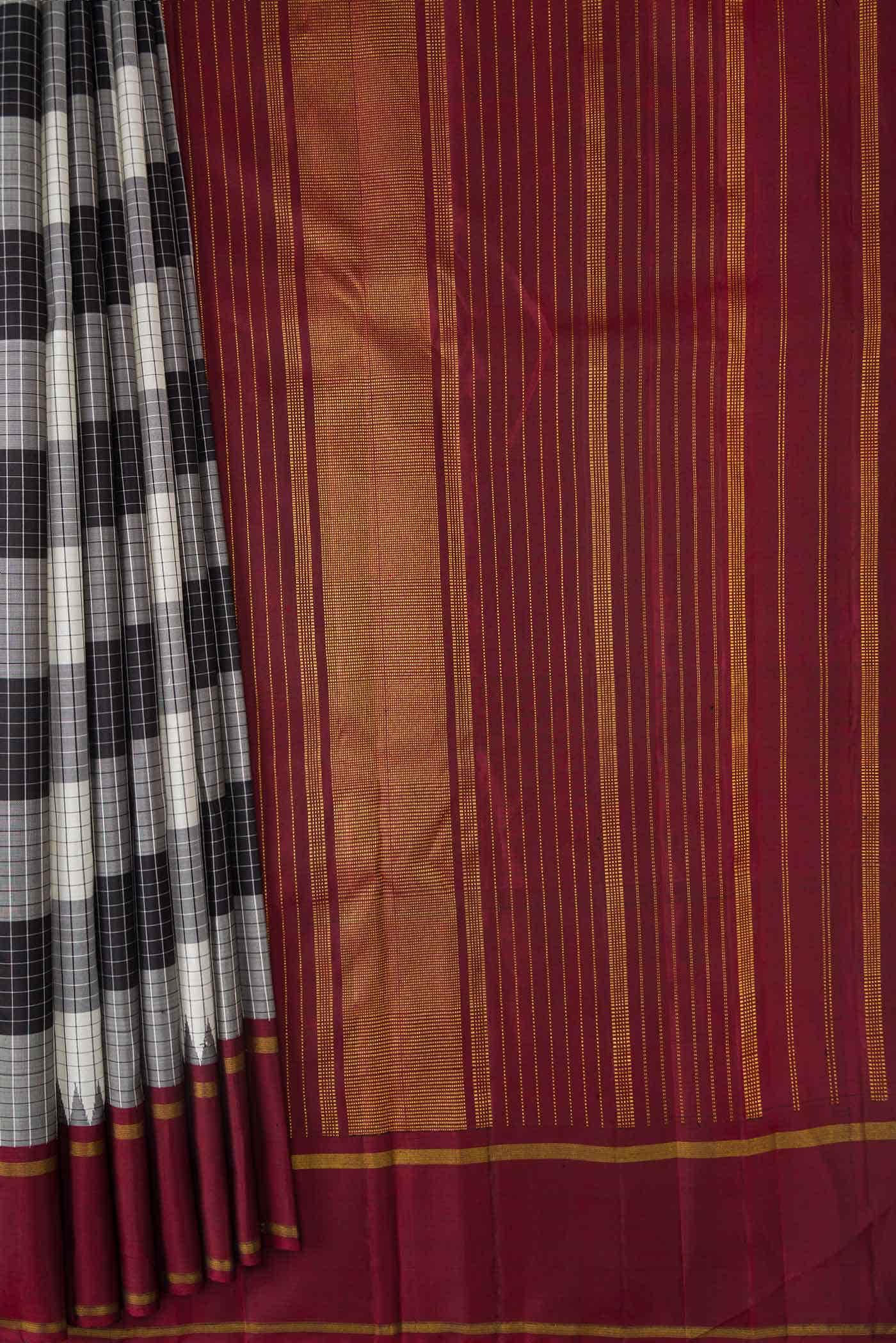 Pure Silk Pure Zari Black and White Dual Tone Kanchipuram Saree