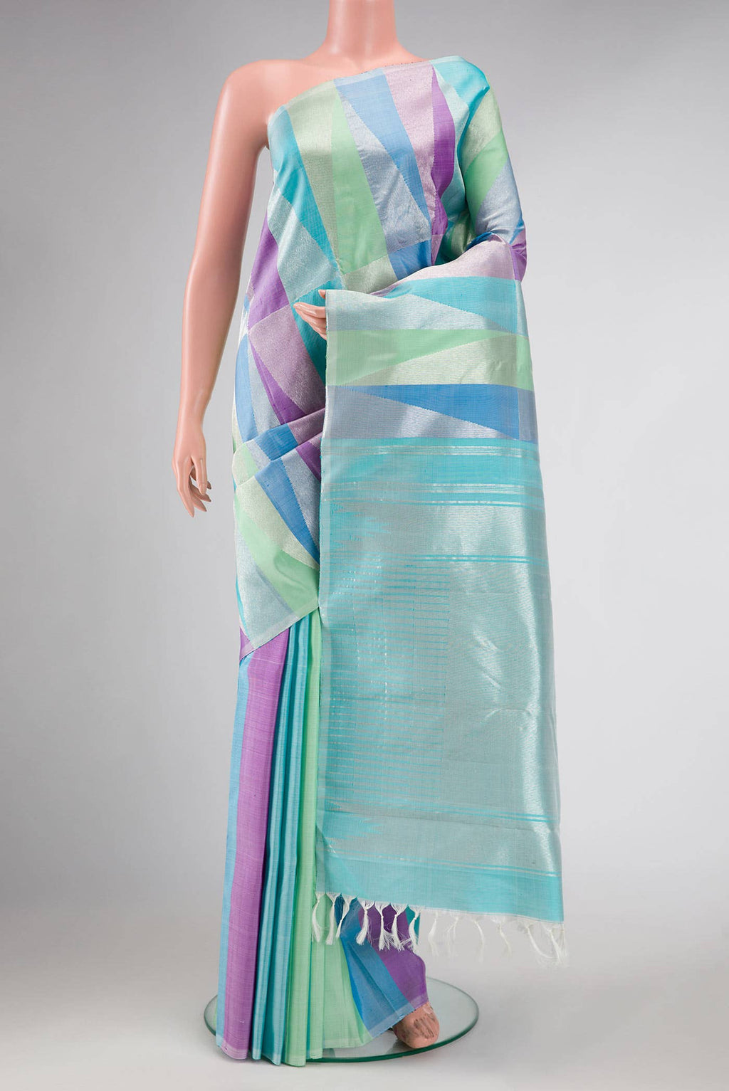 Pure Silk Pure Zari Green  Sky Blue and Purple Dual Tone Kanchipuram Saree