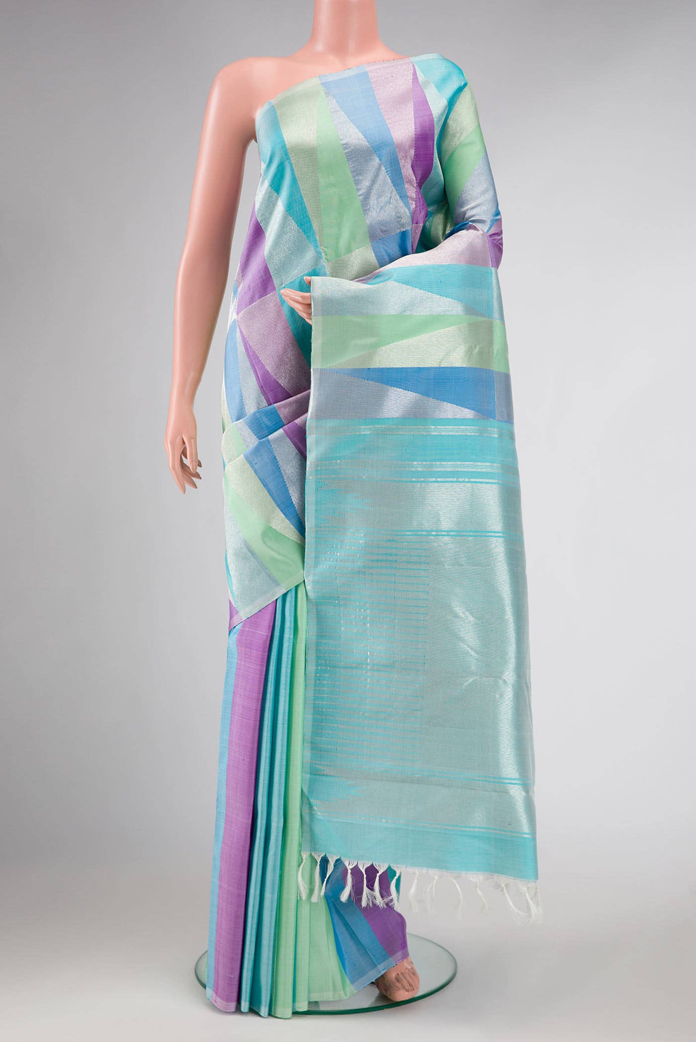 Pure Silk Pure Zari Green  Sky Blue and Purple Dual Tone Kanchipuram Saree