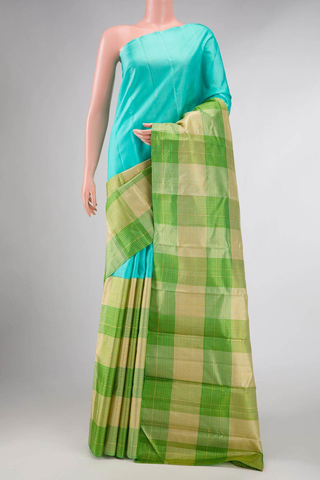 Sky Blue and Green Dual Tone Kanchipuram Silk Saree