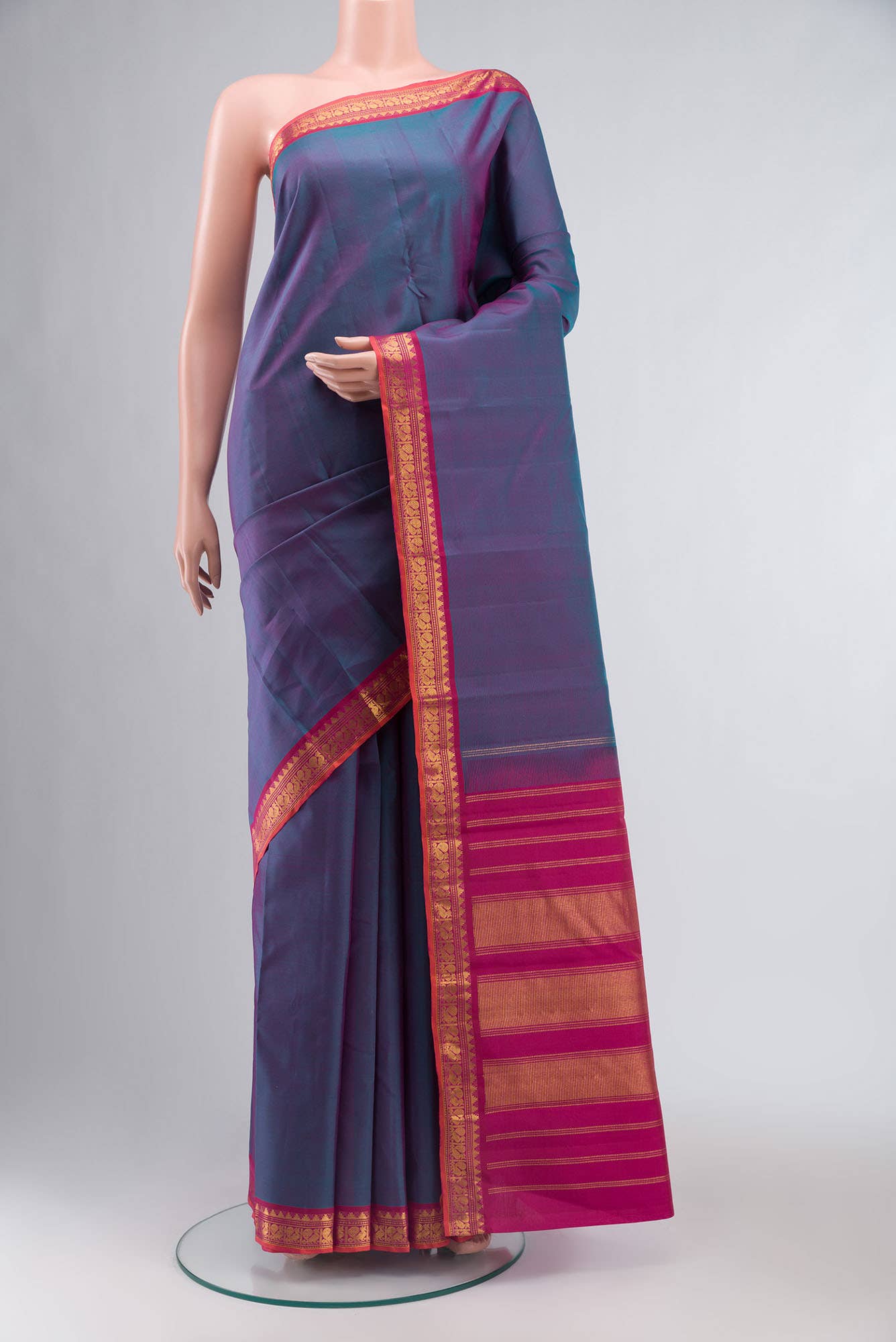 Blue with Pink Dual Tone Kanchipuram Silk Saree