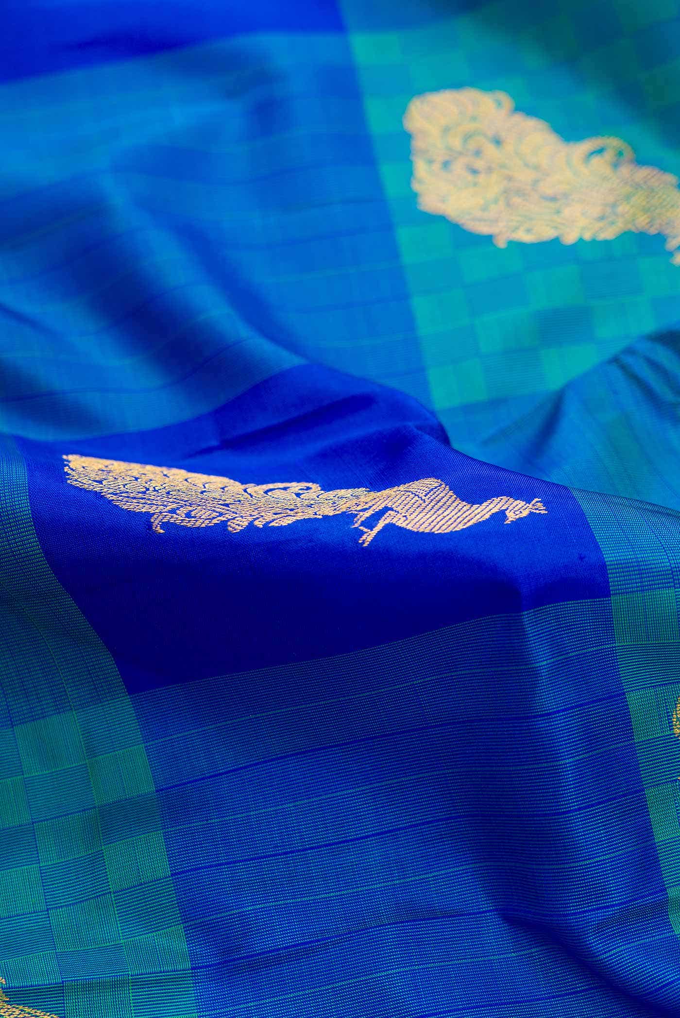 Pure Silk Pure Zari Peacock Blue Dual Tone Kanchipuram Saree