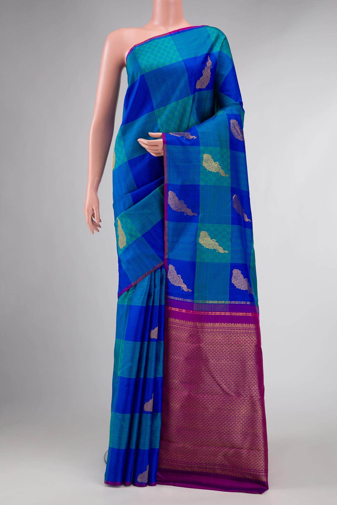 Pure Silk Pure Zari Peacock Blue Dual Tone Kanchipuram Saree
