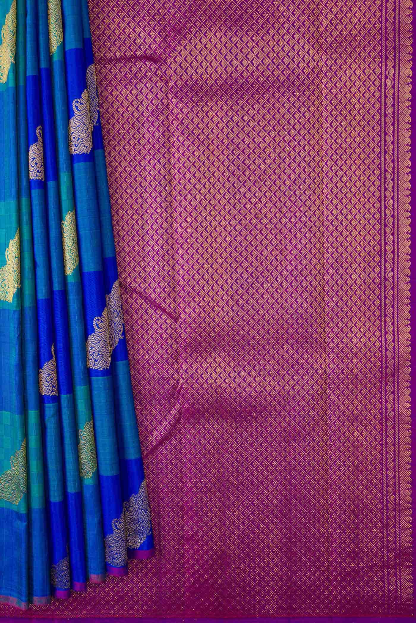 Pure Silk Pure Zari Peacock Blue Dual Tone Kanchipuram Saree