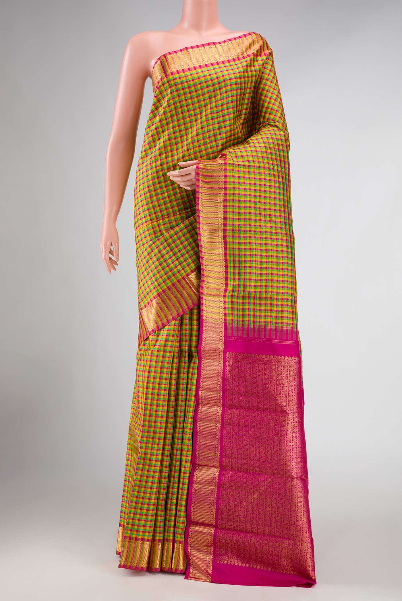 Pure Silk Pure Zari Green Yellow and Pink Dual Tone Kanchipuram Saree