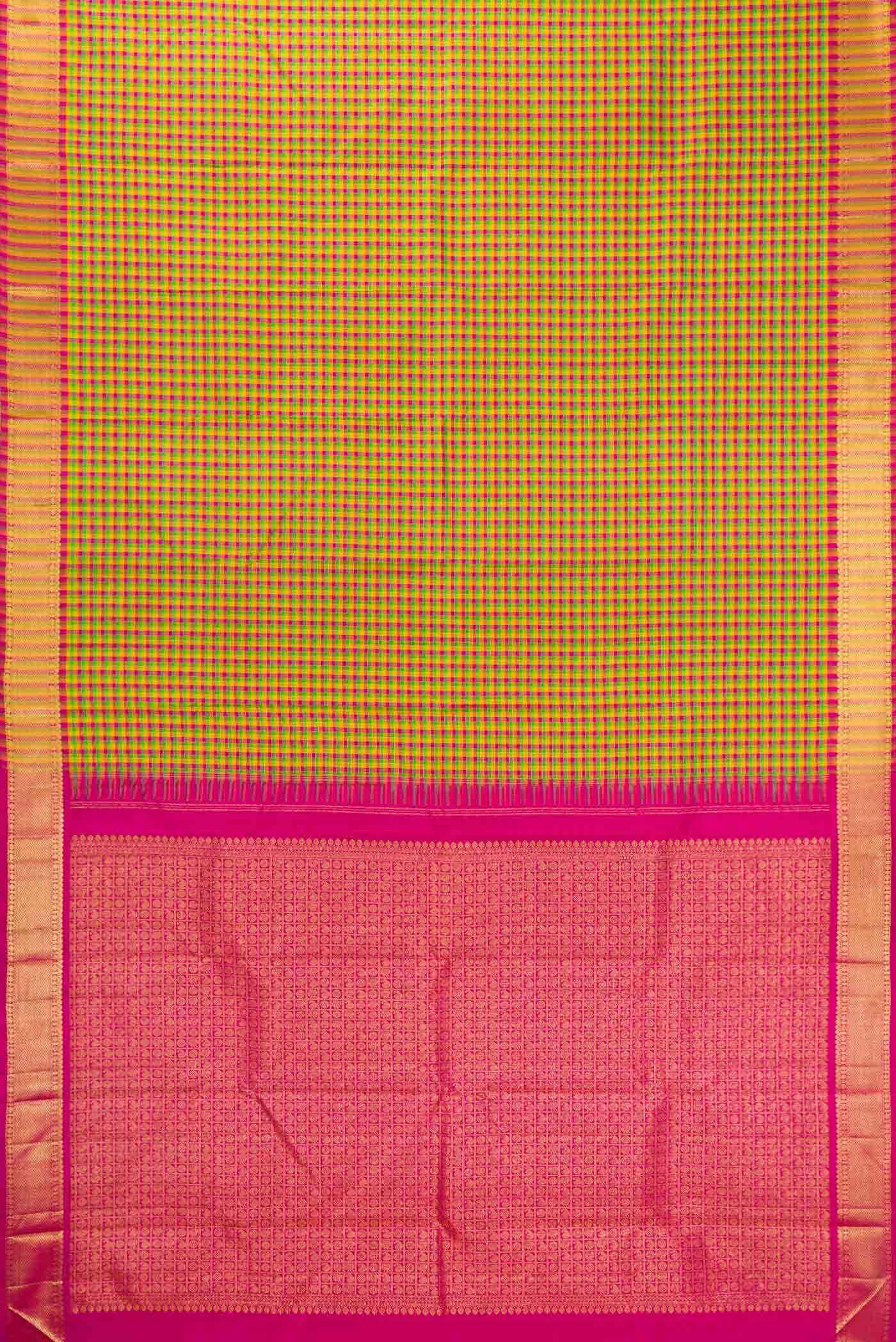 Pure Silk Pure Zari Green Yellow and Pink Dual Tone Kanchipuram Saree