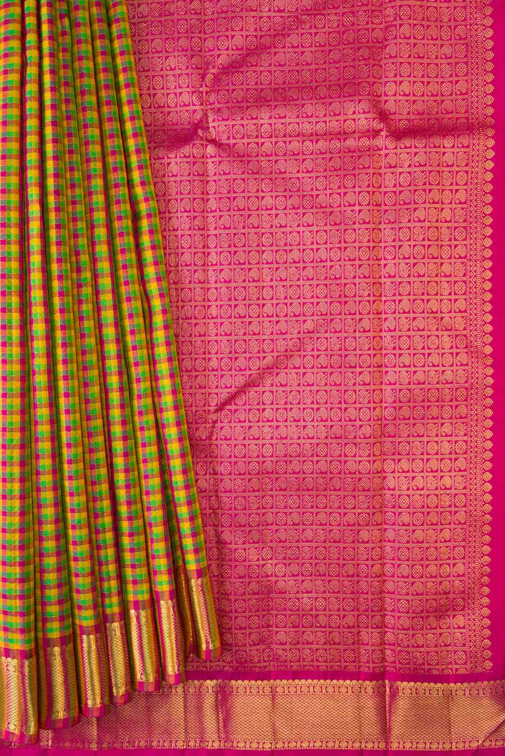 Pure Silk Pure Zari Green Yellow and Pink Dual Tone Kanchipuram Saree