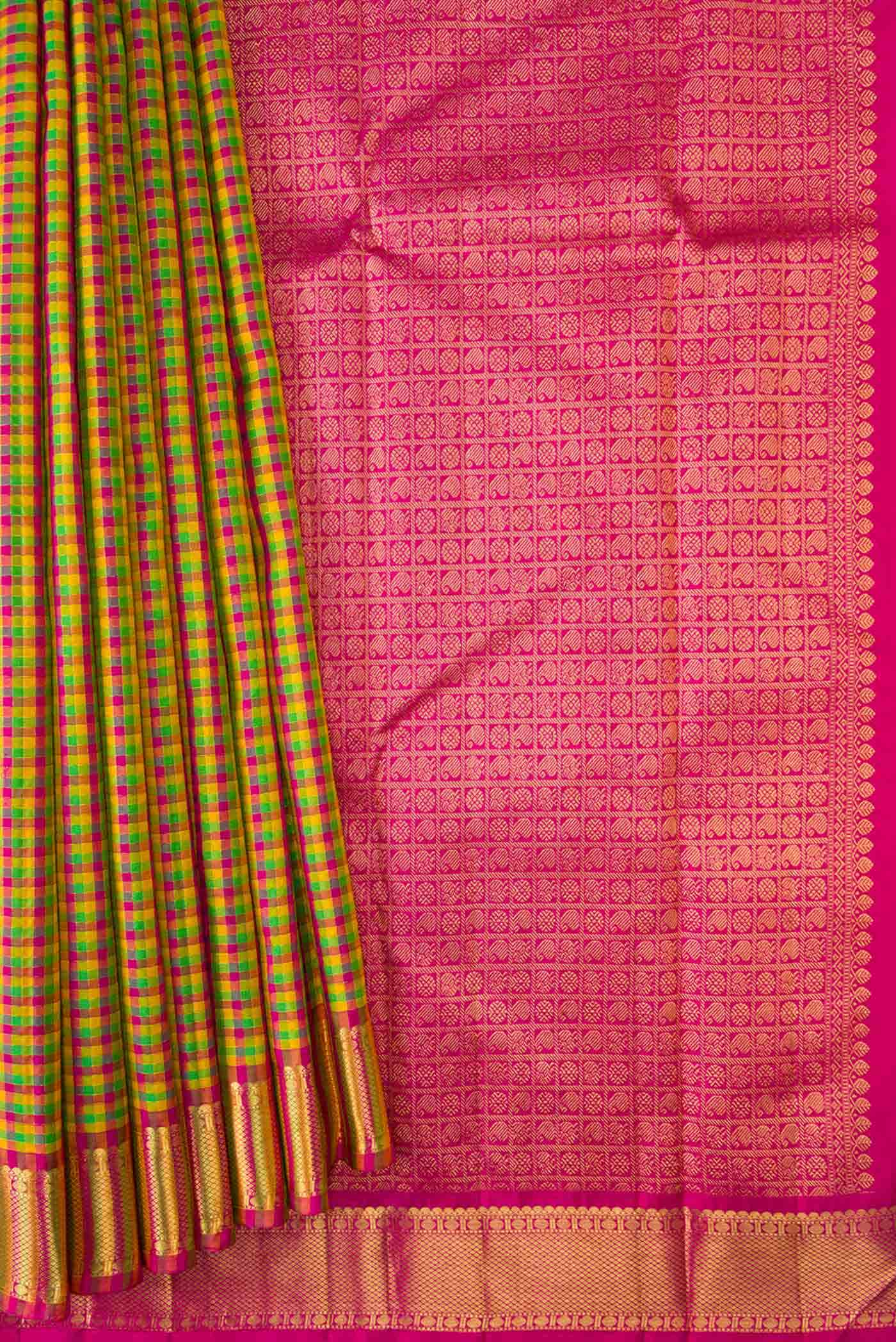 Pure Silk Pure Zari Green Yellow and Pink Dual Tone Kanchipuram Saree