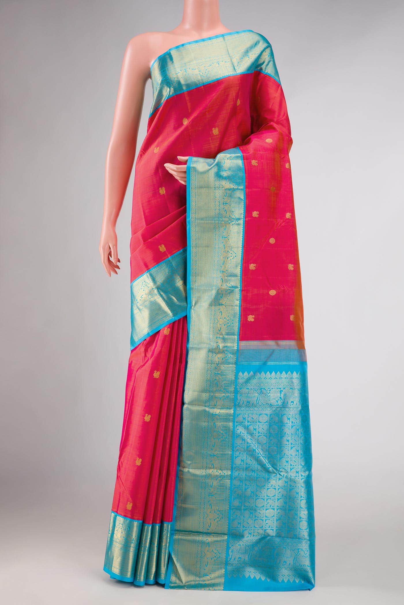 Pure Silk Pure Zari Coral Dual Tone Kanchipuram Saree