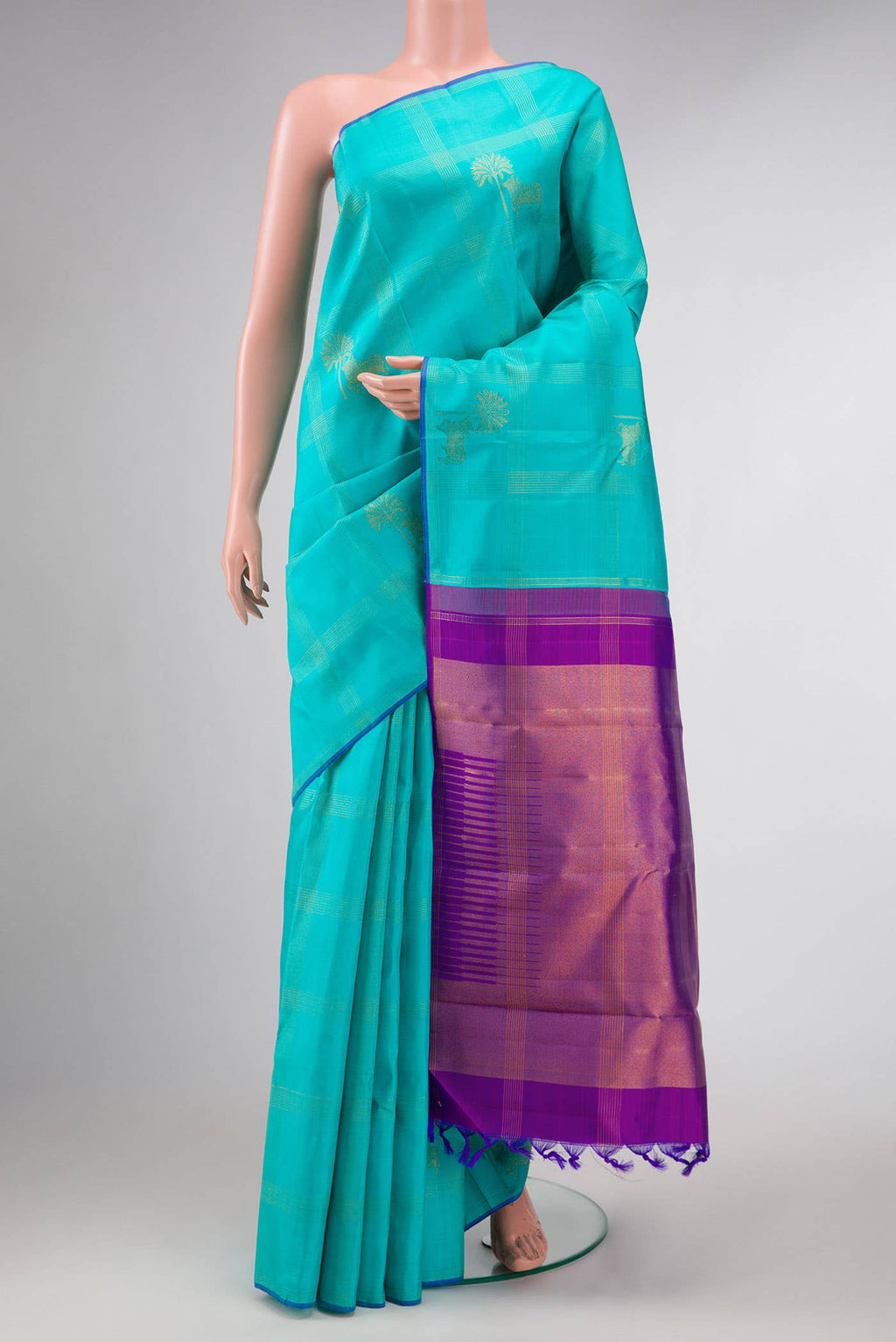 Pure Silk Pure Zari Sea Green Dual Tone Kanchipuram Saree