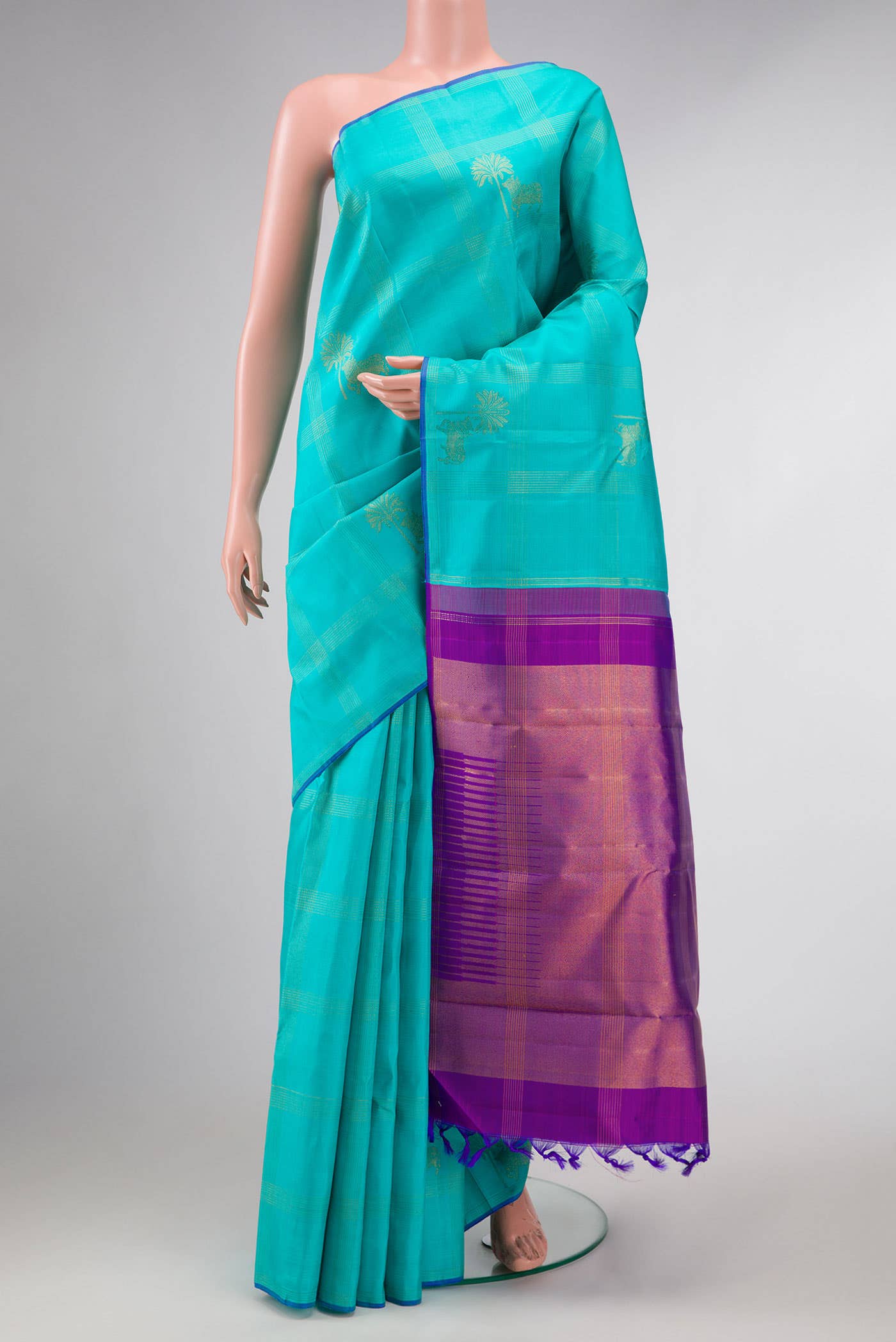 Pure Silk Pure Zari Sea Green Dual Tone Kanchipuram Saree