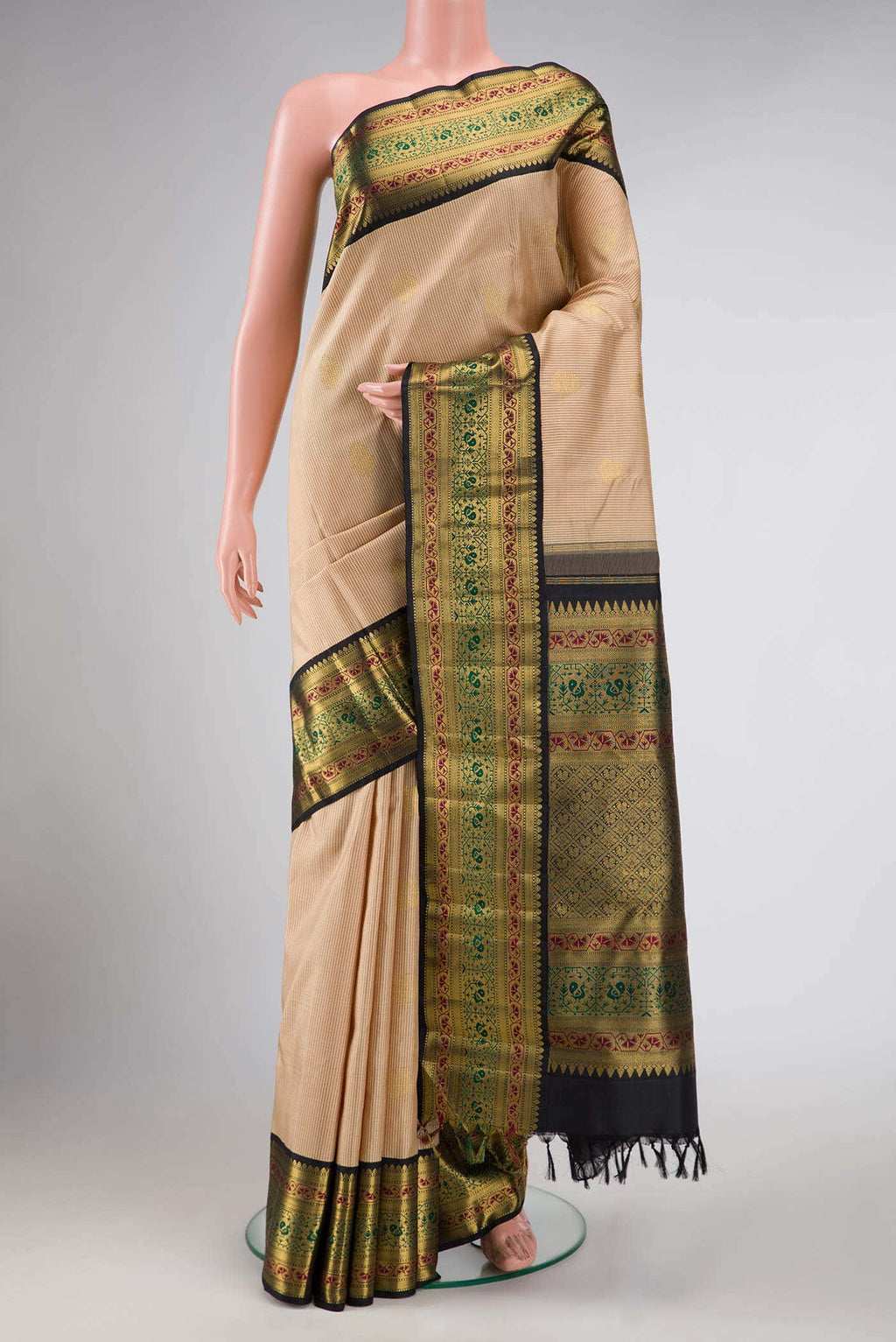 Pure Silk Pure Zari Beige Dual Tone Kanchipuram Saree