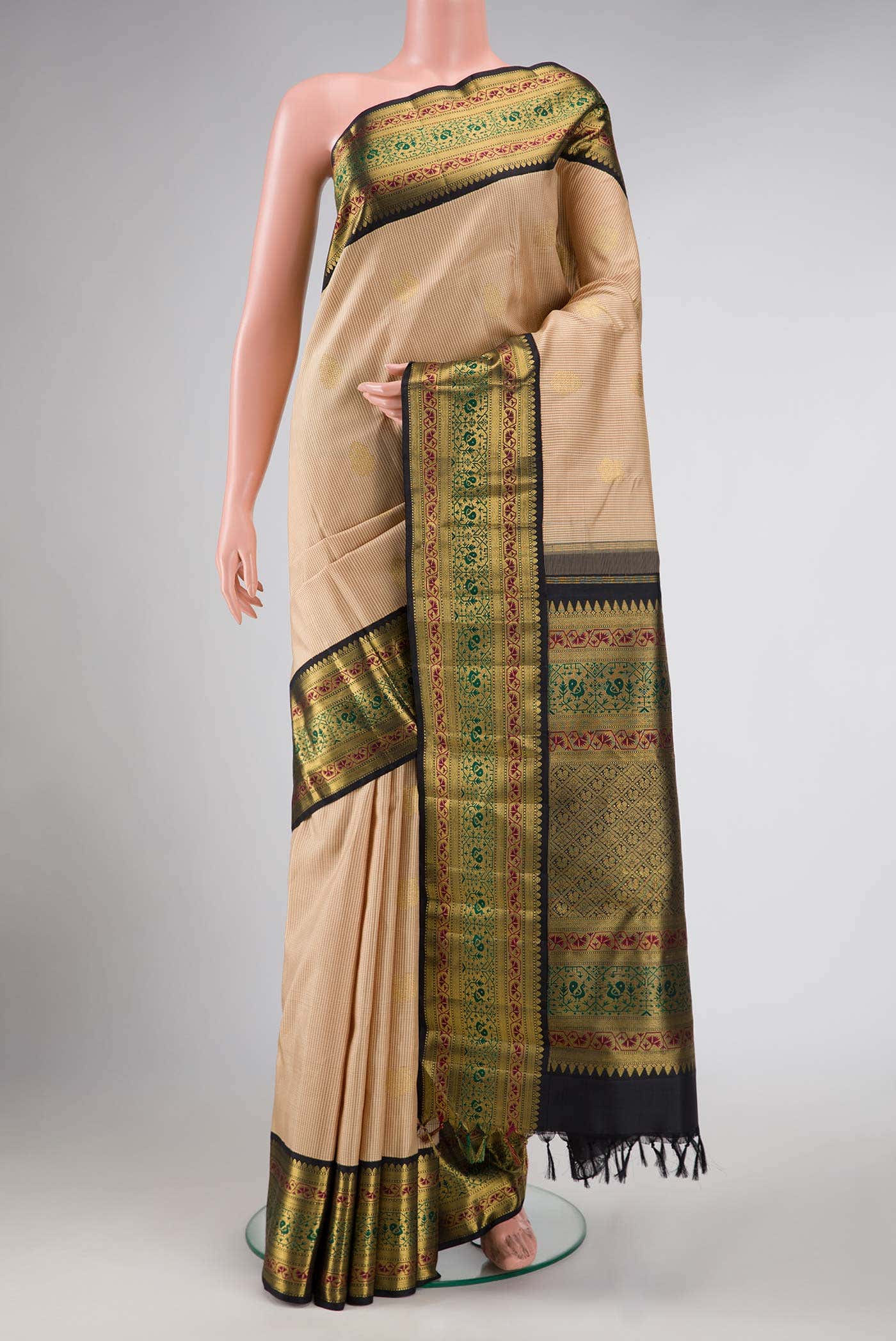 Pure Silk Pure Zari Beige Dual Tone Kanchipuram Saree