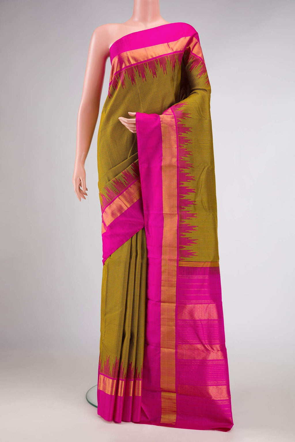 Pure Silk Pure Zari Mustard and Black Dual Tone Kanchipuram Saree