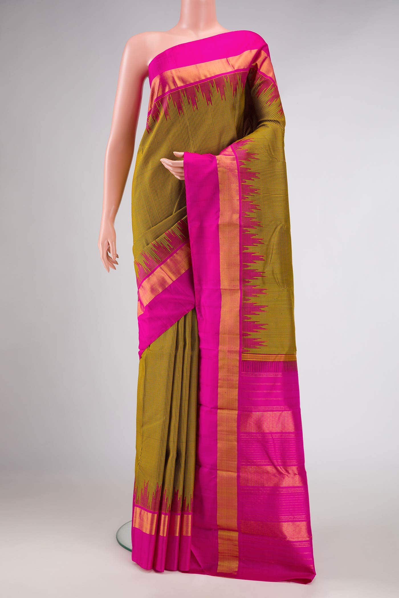 Pure Silk Pure Zari Mustard and Black Dual Tone Kanchipuram Saree