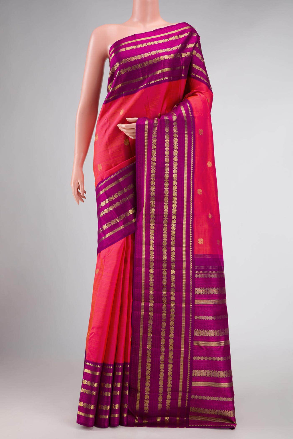 Pure Silk Pure Zari Coral Dual Tone Kanchipuram Saree