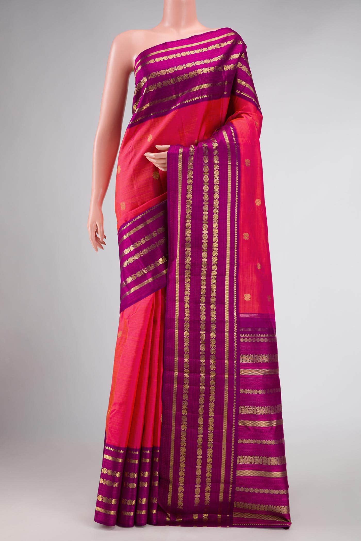 Pure Silk Pure Zari Coral Dual Tone Kanchipuram Saree