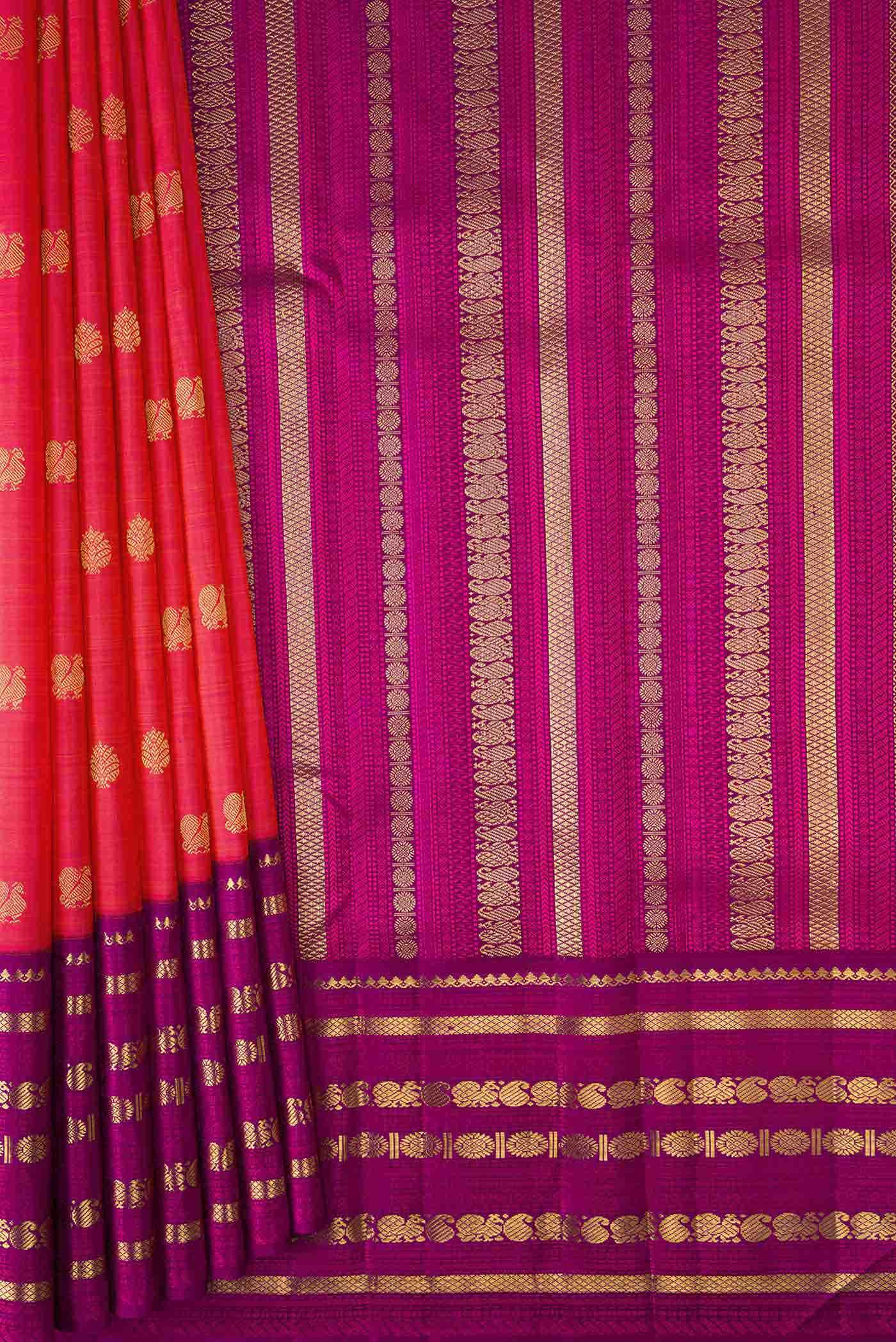 Pure Silk Pure Zari Coral Dual Tone Kanchipuram Saree