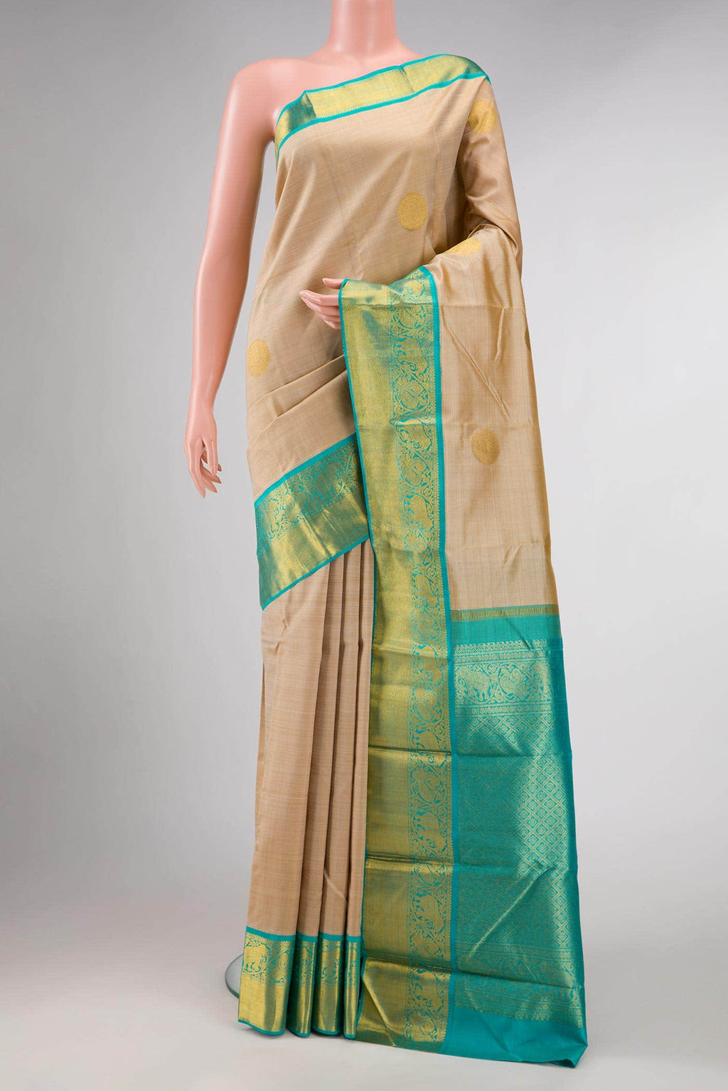 Pure Silk Pure Zari Beige Dual Tone Kanchipuram Saree