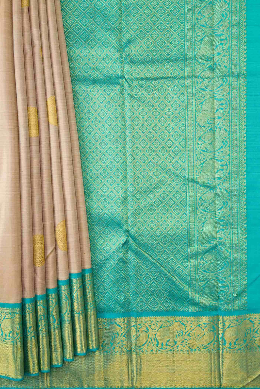 Pure Silk Pure Zari Beige Dual Tone Kanchipuram Saree