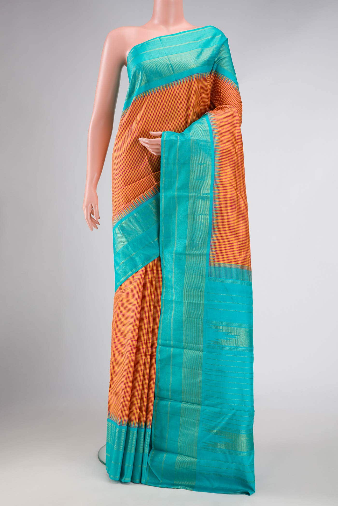 Pure Silk Pure Zari Peach Dual Tone Kanchipuram Saree