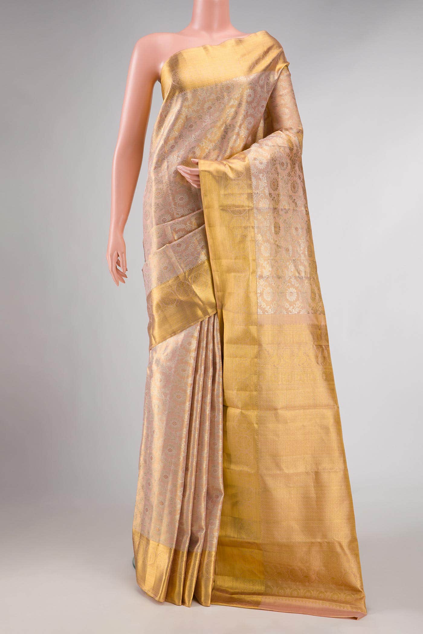 Golden Peach Dual Tone Kanchipuram Tissue Silk Saree