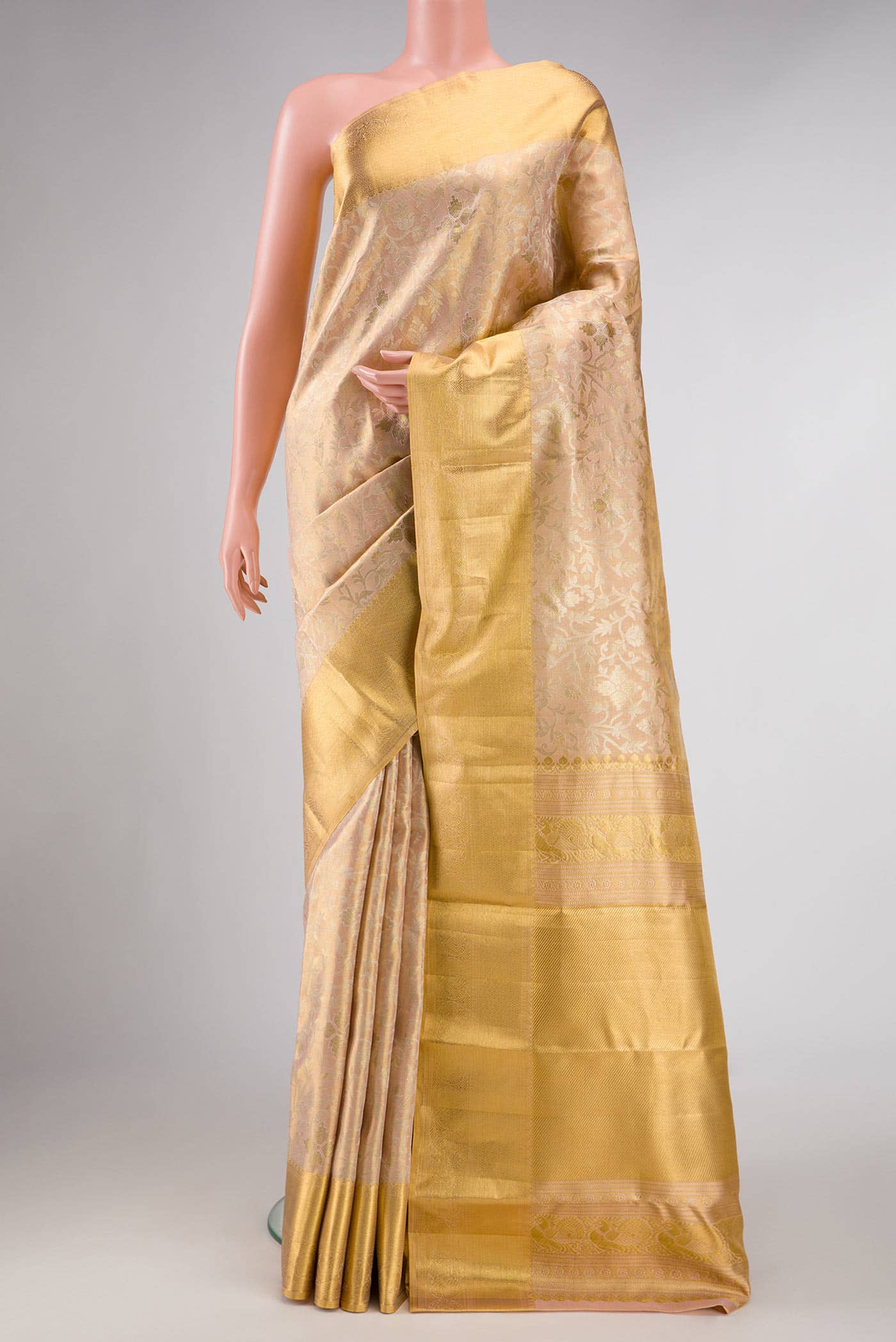 Golden Peach Dual Tone Kanchipuram Tissue Silk Saree