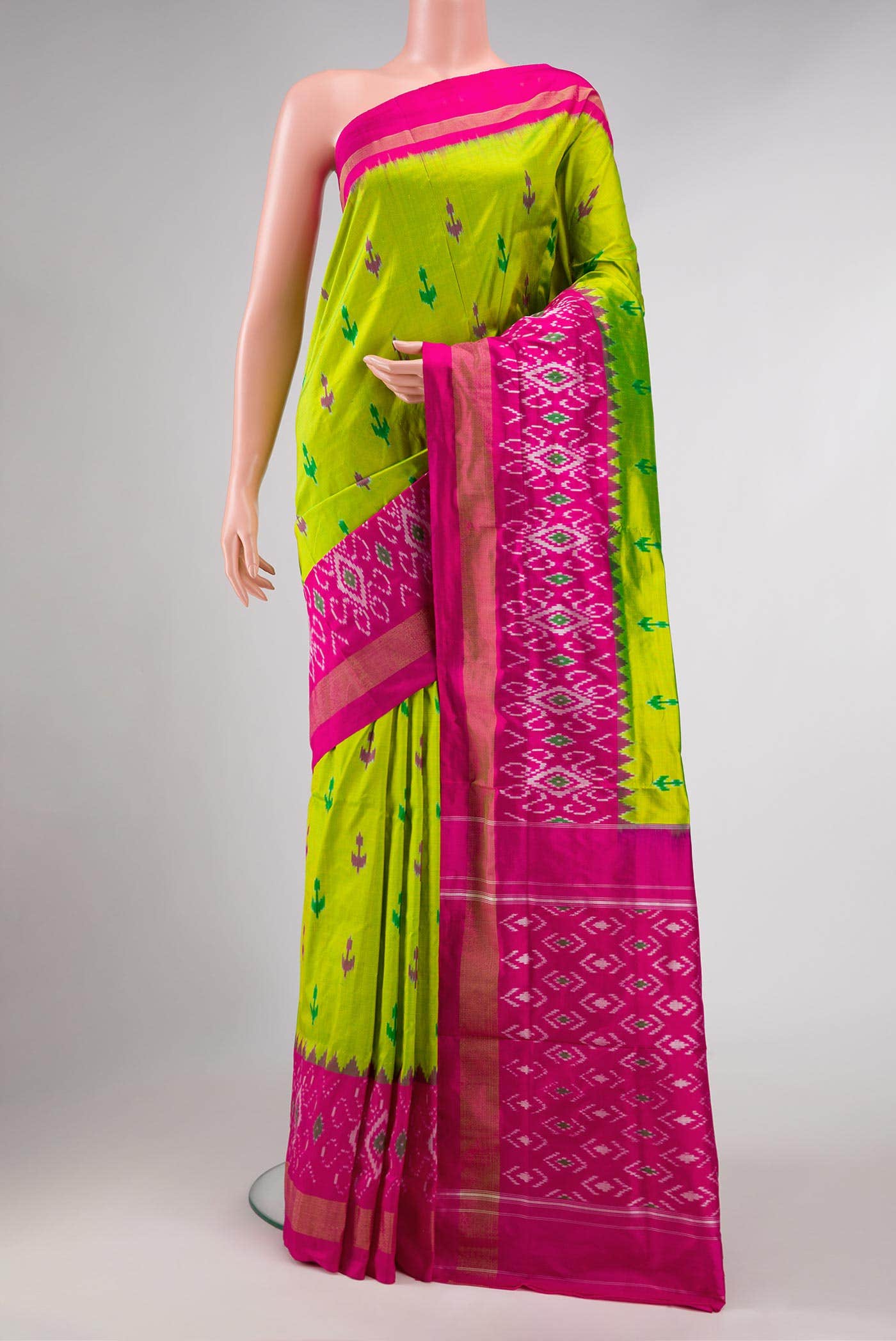 Parrot Green Dual Tone Double Ikat Saree