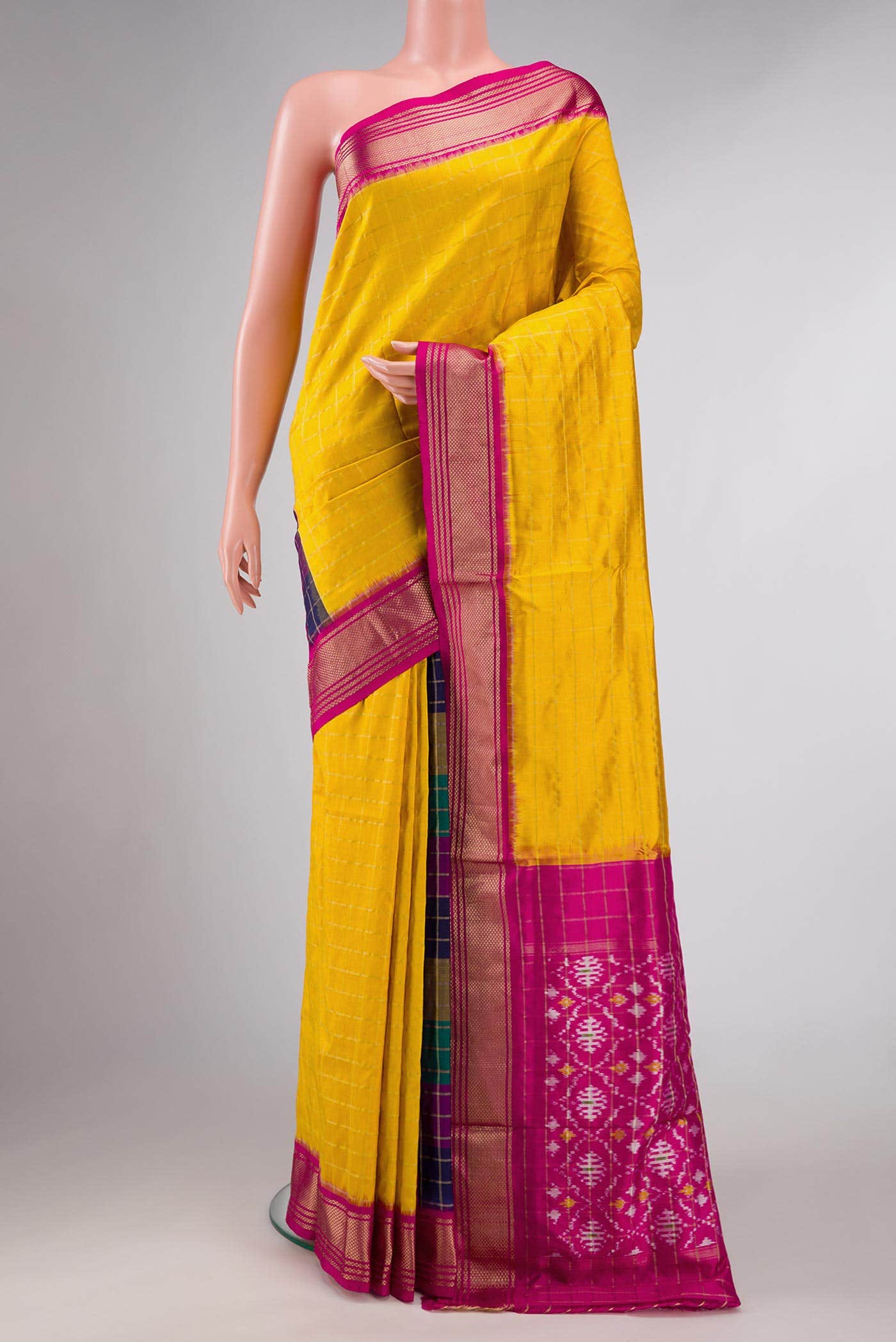 Yellow , Pink and Green Dual Tone Double Ikat Saree