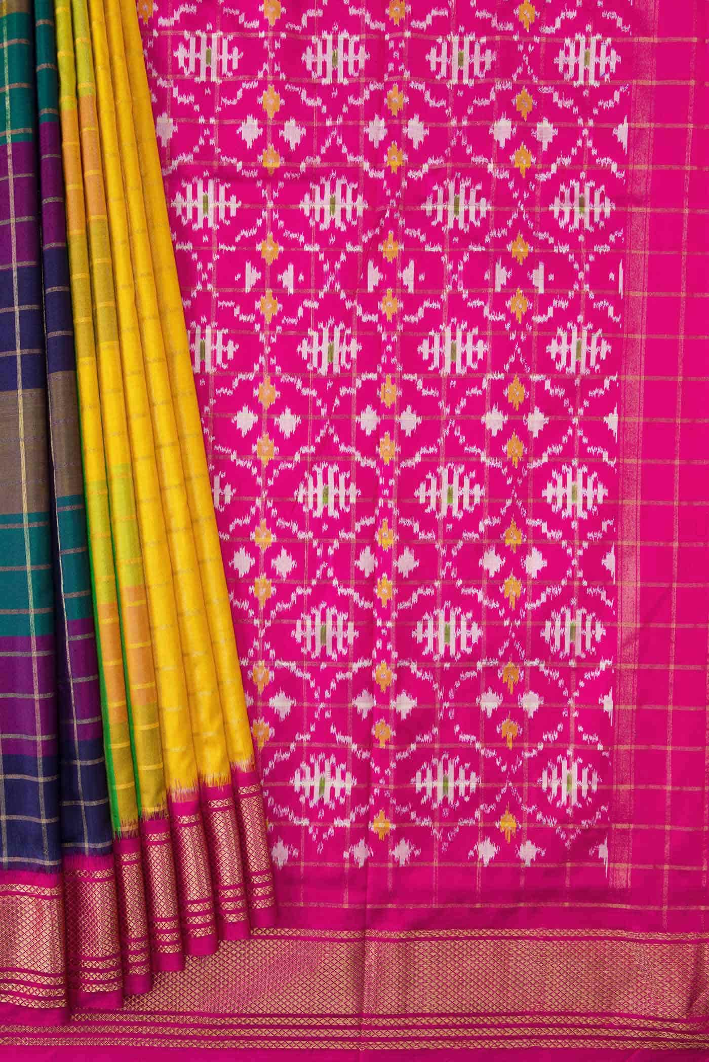 Yellow , Pink and Green Dual Tone Double Ikat Saree