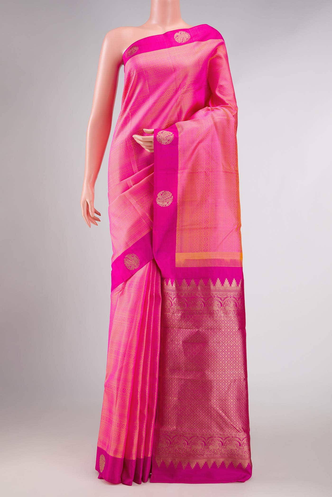 Coral Dual Tone Kanchipuram Silk Saree