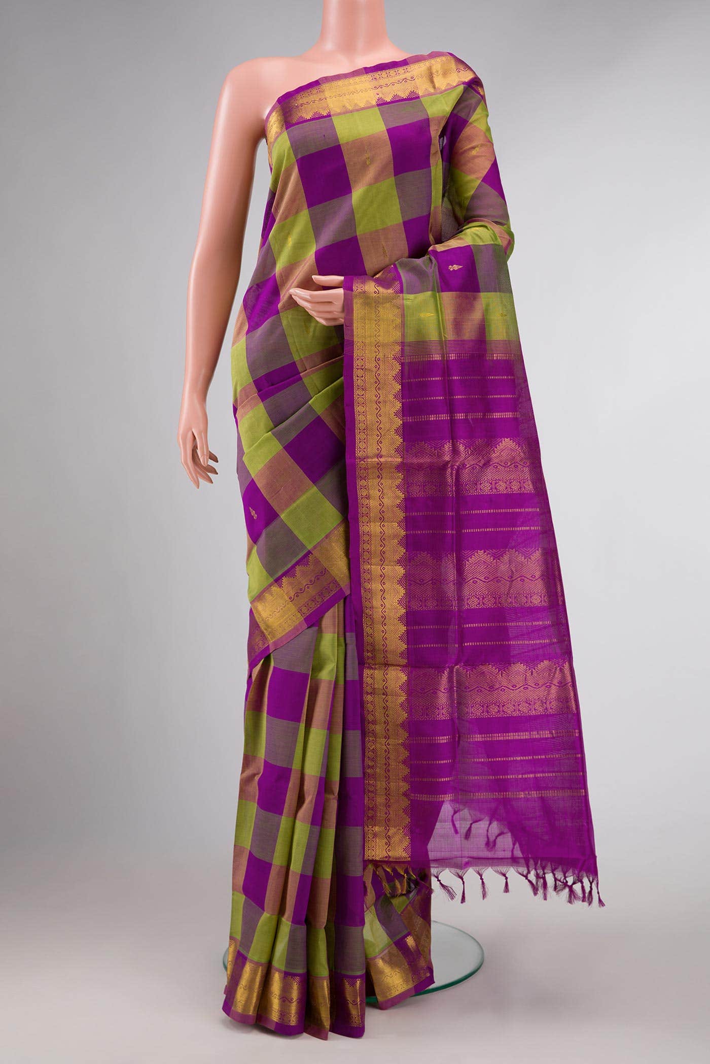 Parrot Green and Purple Dual Tone Silk Cotton Saree